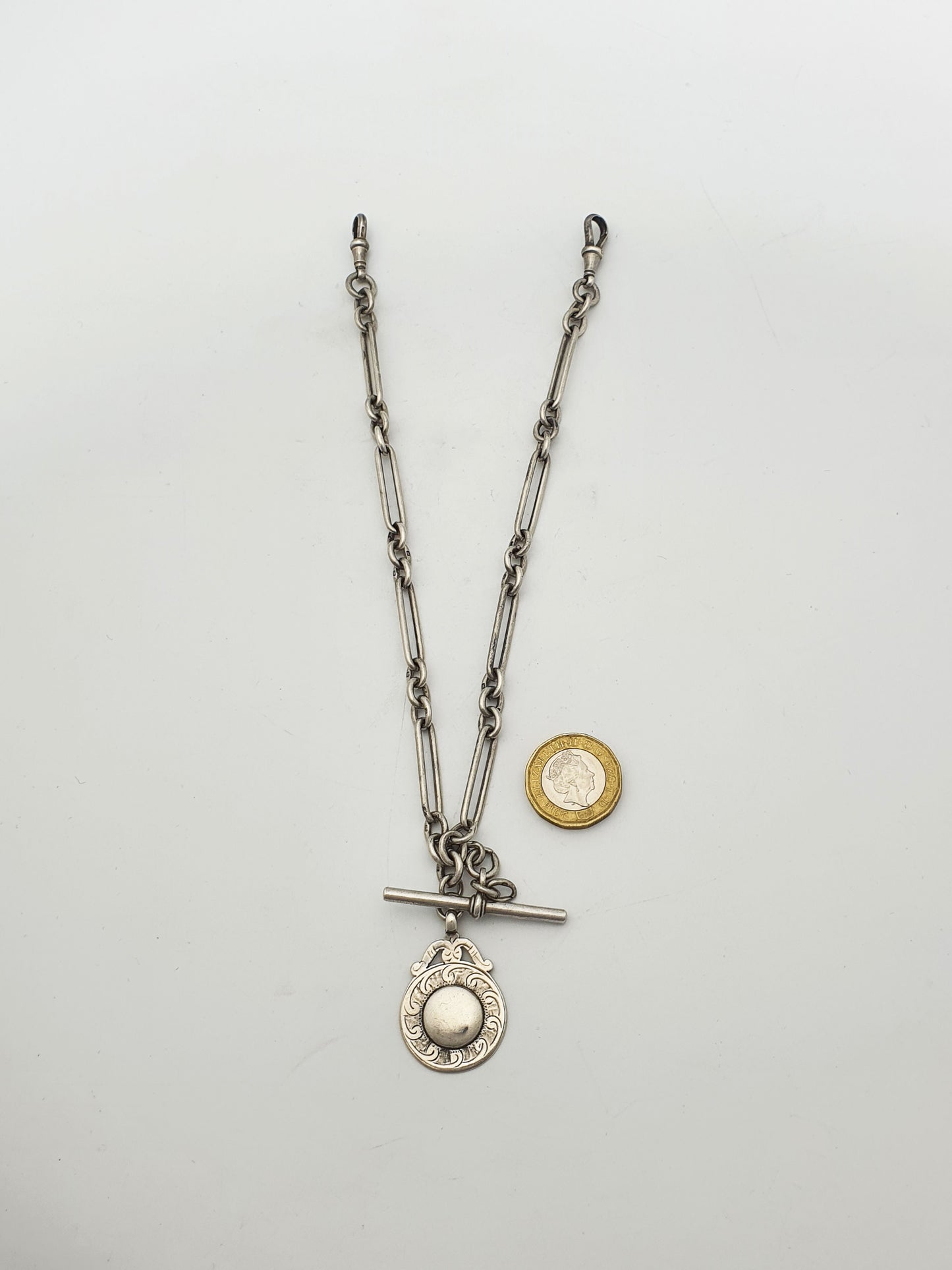 Antique Double Albert Sterling Silver Watch Chain with T-Bar and Fob – 1921