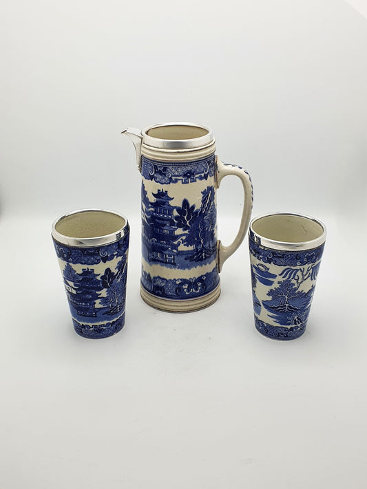 Gorgeous Antique Victorian Ceramic Blue & White Drinking Set - circa 1890