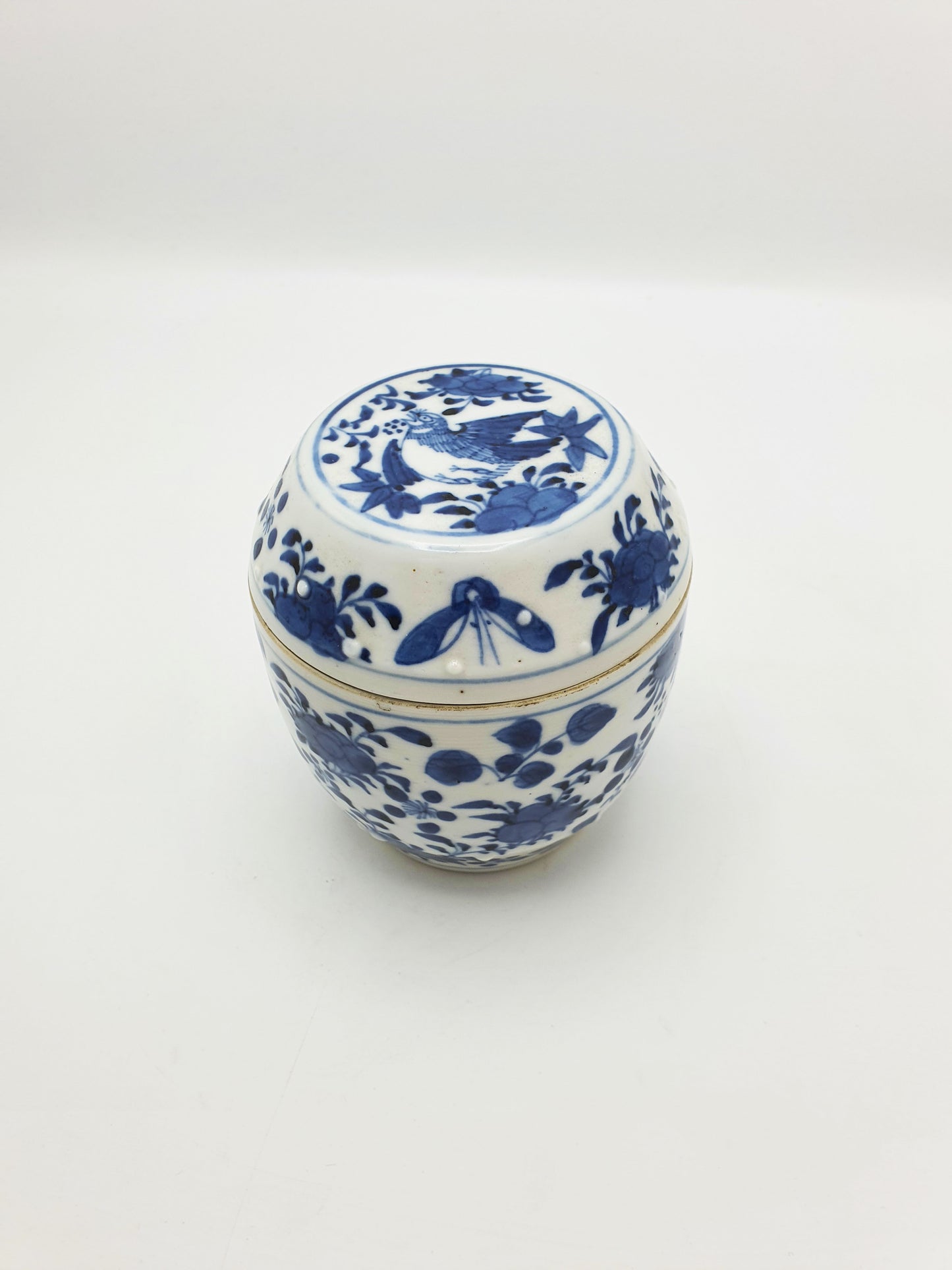Antique Chinese Blue and White Covered Jar with Bird & Floral Motif – circa 1860