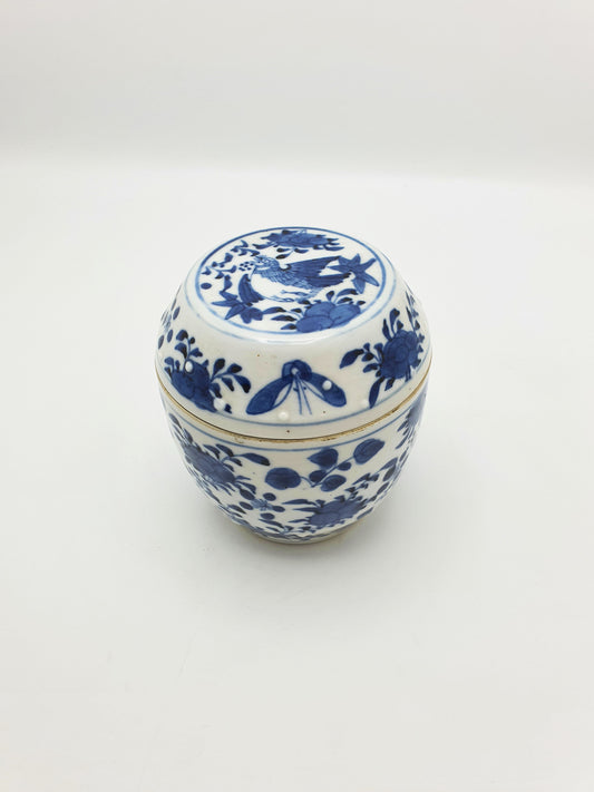 Antique Chinese Blue and White Covered Jar with Bird & Floral Motif – circa 1860