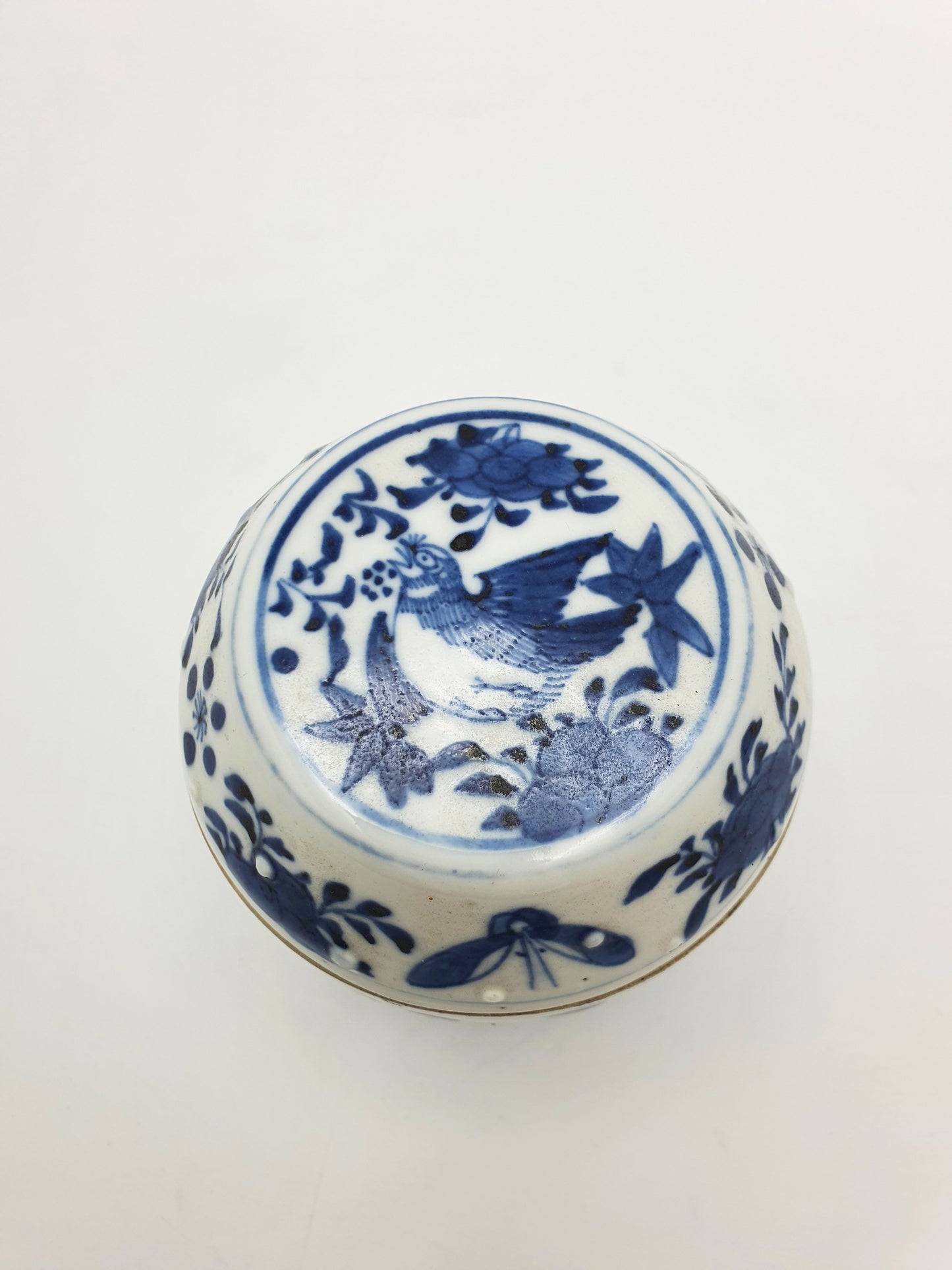 Antique Chinese Blue and White Covered Jar with Bird & Floral Motif – circa 1860
