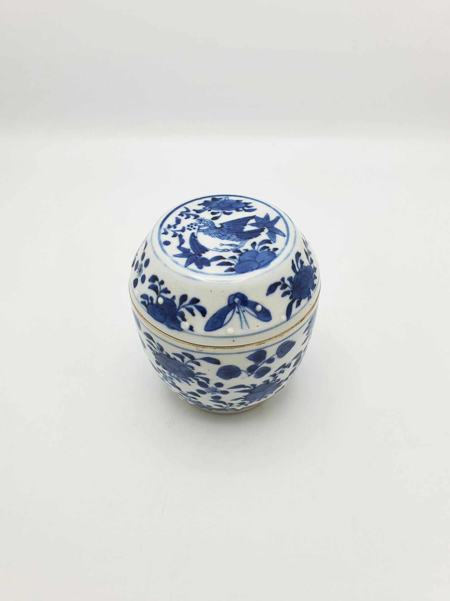 Antique Chinese Blue and White Covered Jar with Bird & Floral Motif – circa 1860
