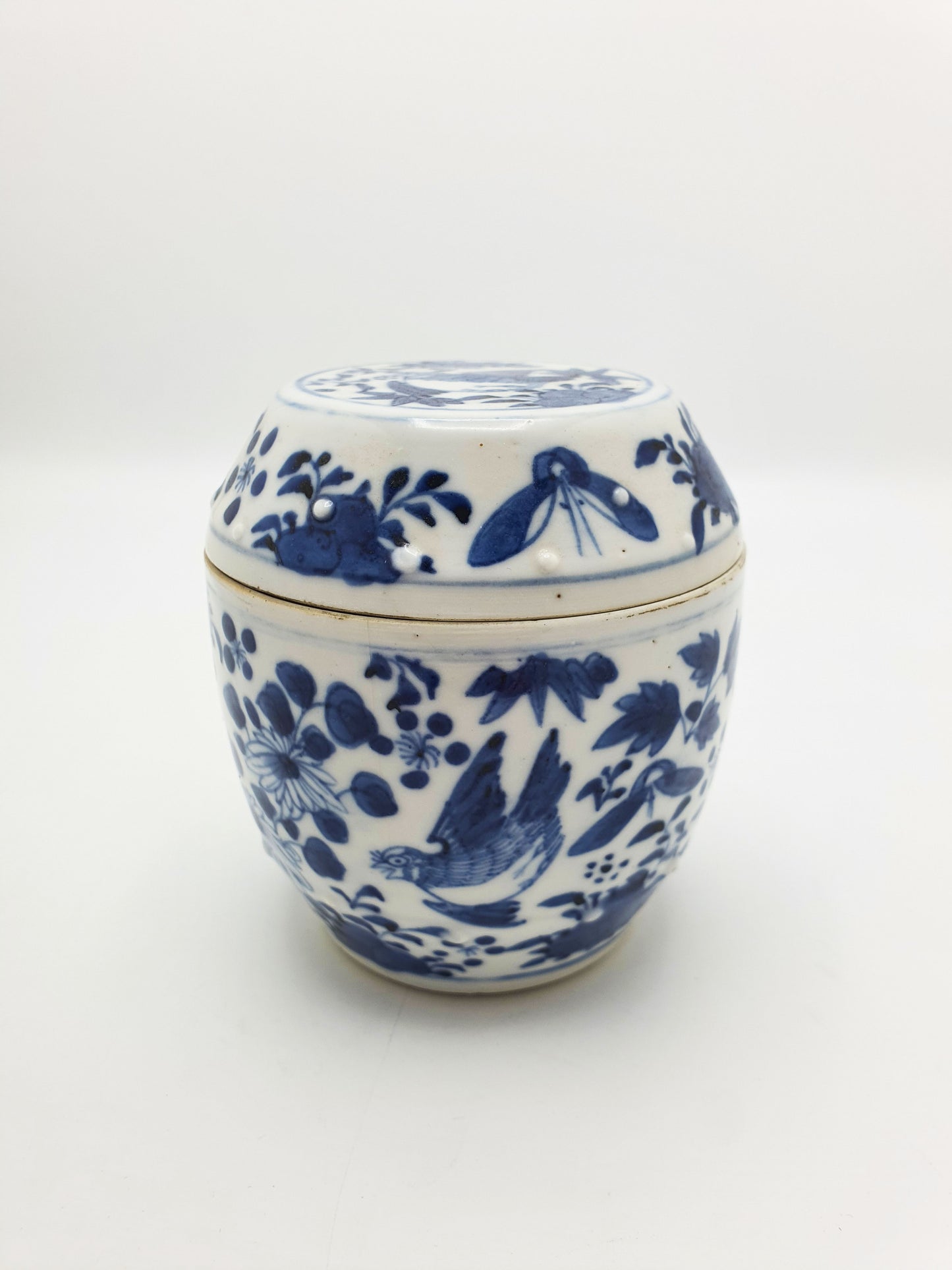 Antique Chinese Blue and White Covered Jar with Bird & Floral Motif – circa 1860