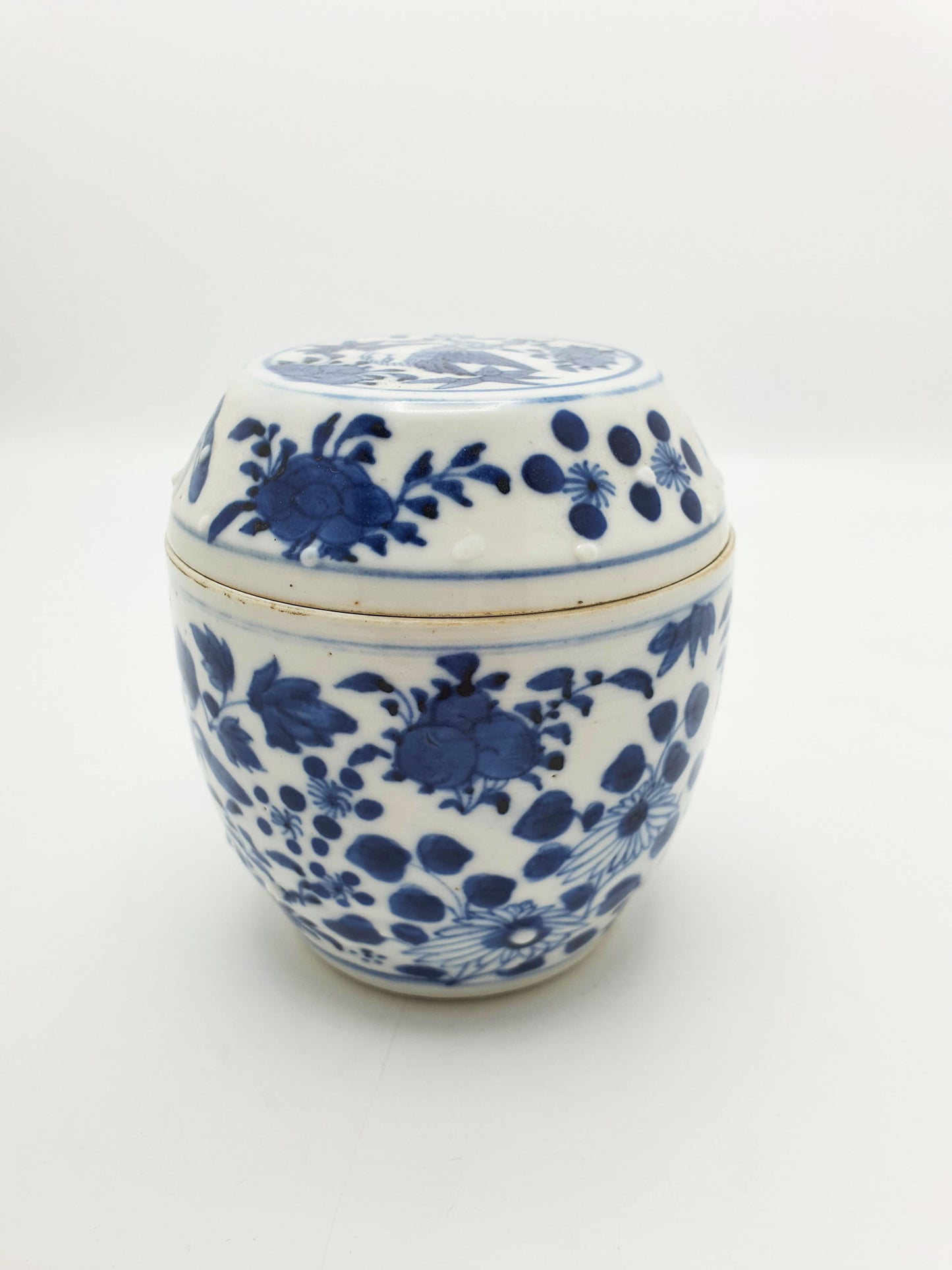 Antique Chinese Blue and White Covered Jar with Bird & Floral Motif – circa 1860