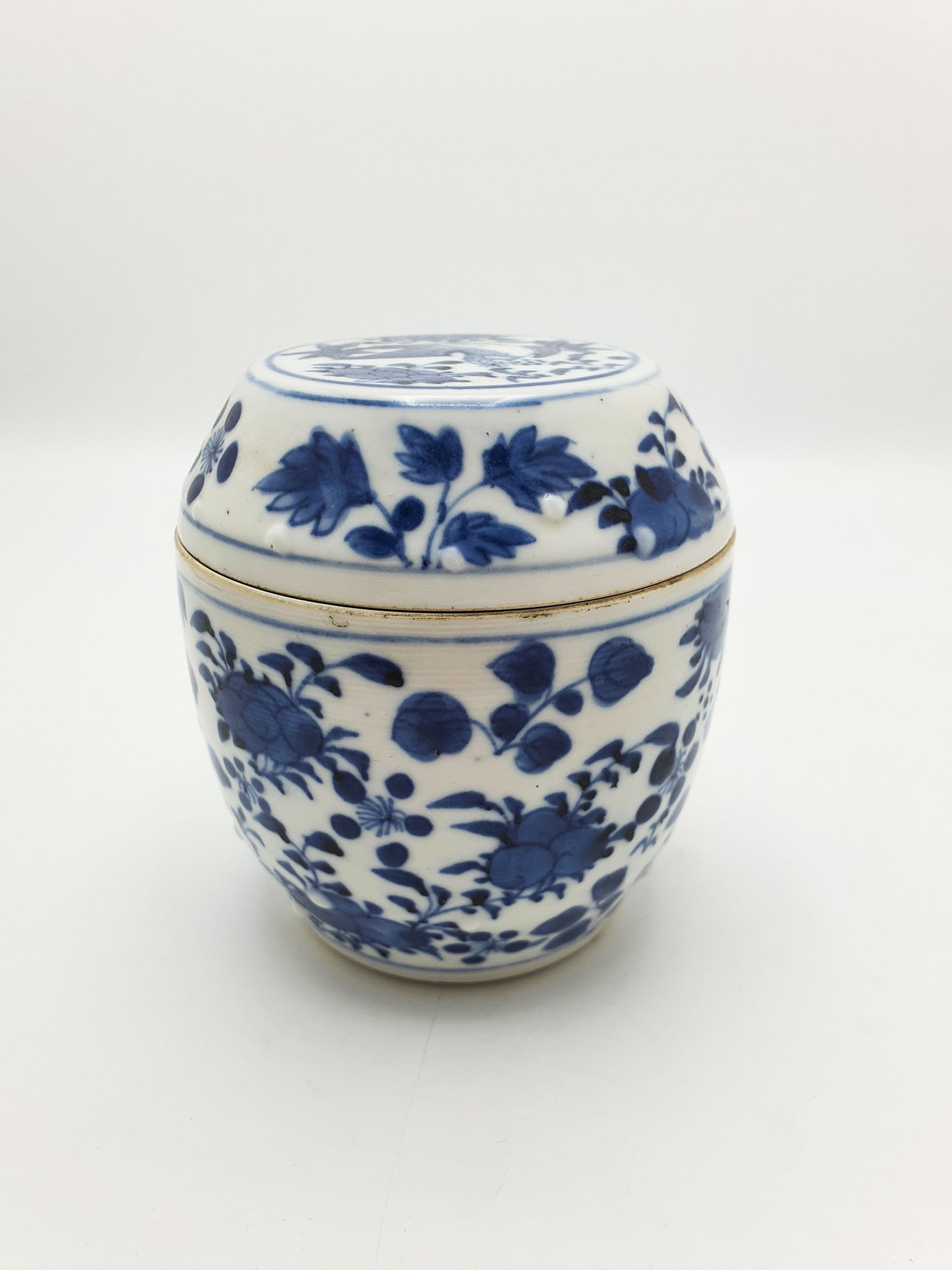 Antique Chinese Blue and White Covered Jar with Bird & Floral Motif – circa 1860