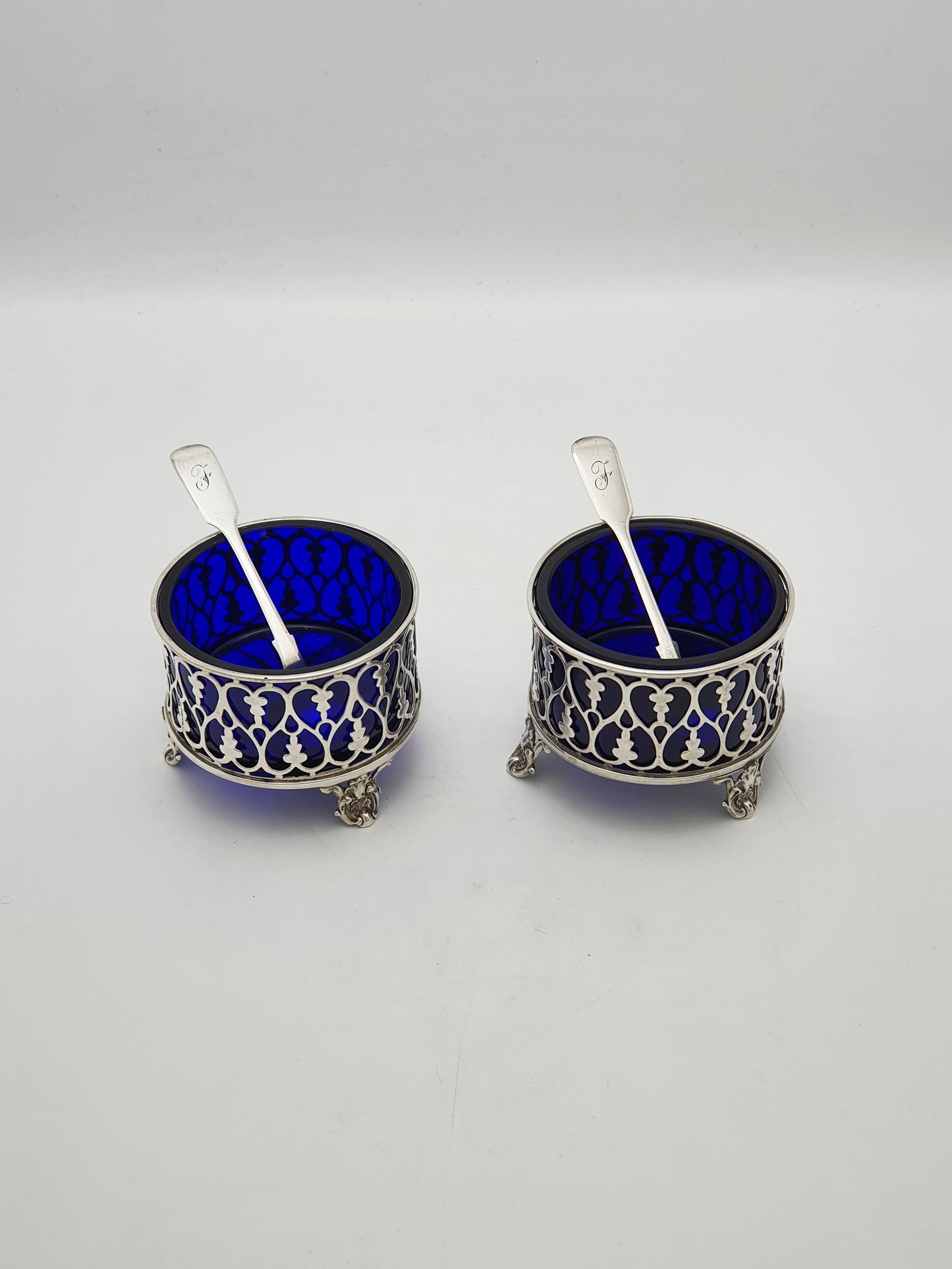 Pair of Antique Victorian Silver Salt Cellars with Cobalt Glass Liners - 1842