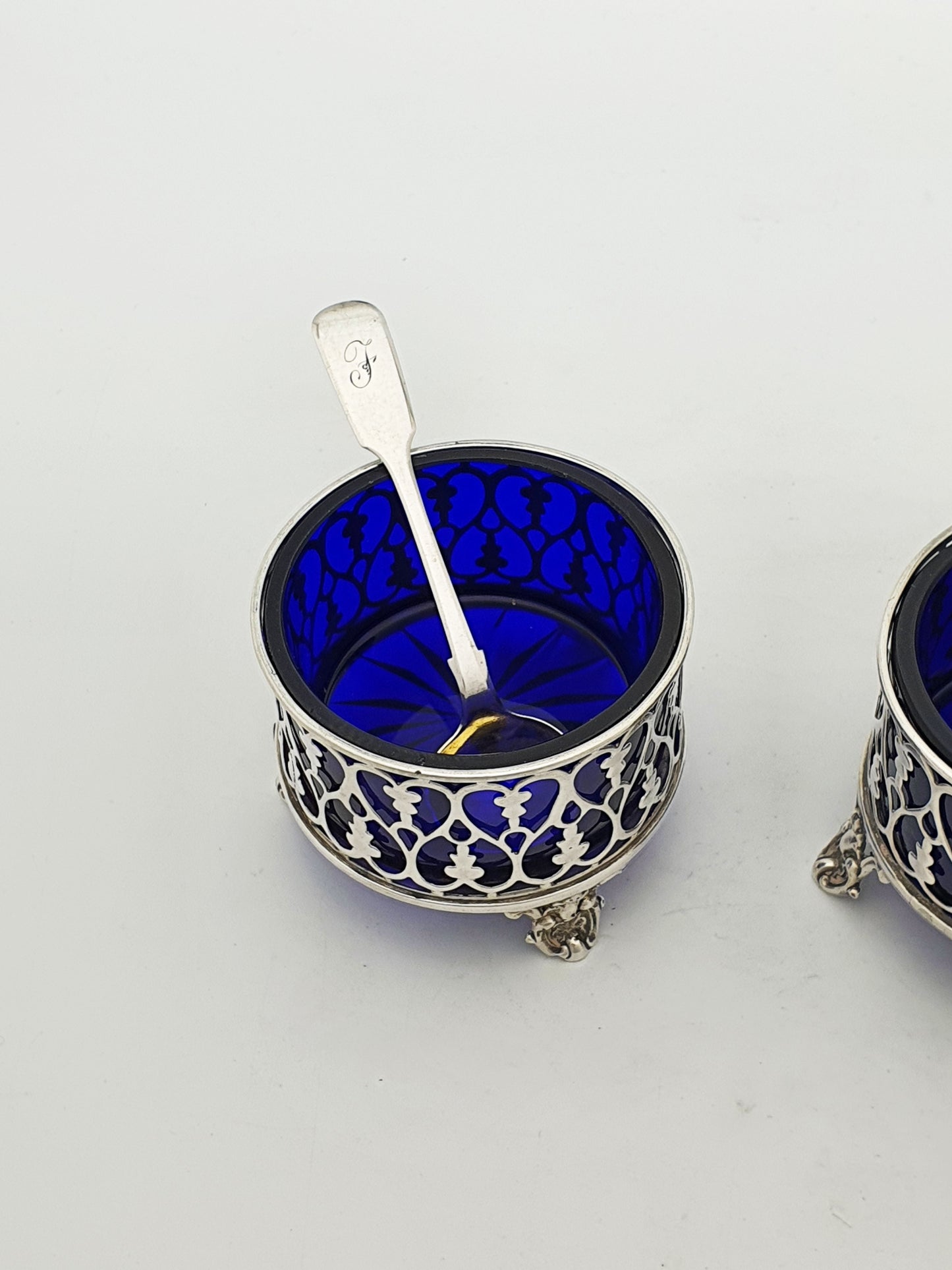 Pair of Antique Victorian Silver Salt Cellars with Cobalt Glass Liners - 1842