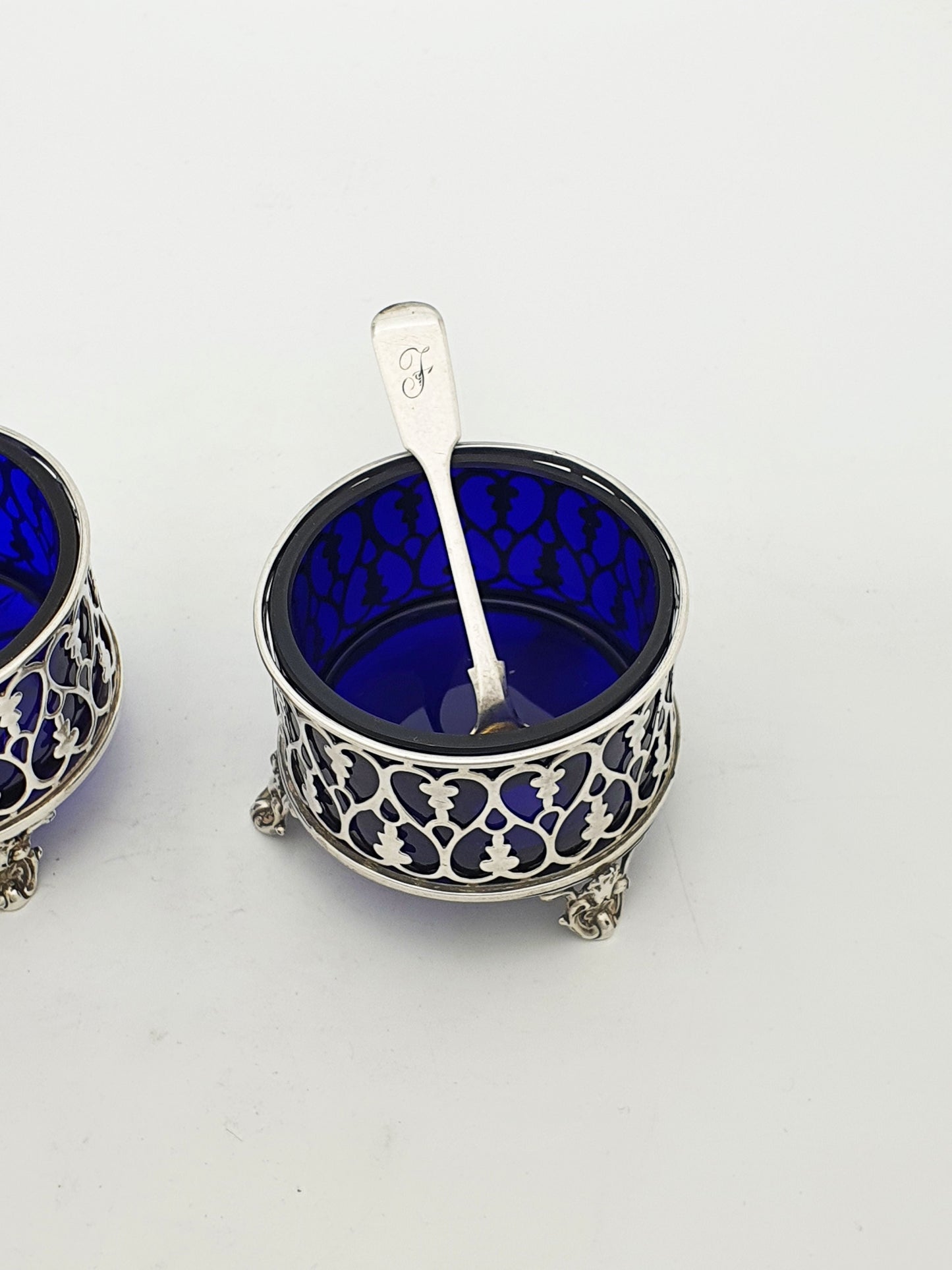 Pair of Antique Victorian Silver Salt Cellars with Cobalt Glass Liners - 1842
