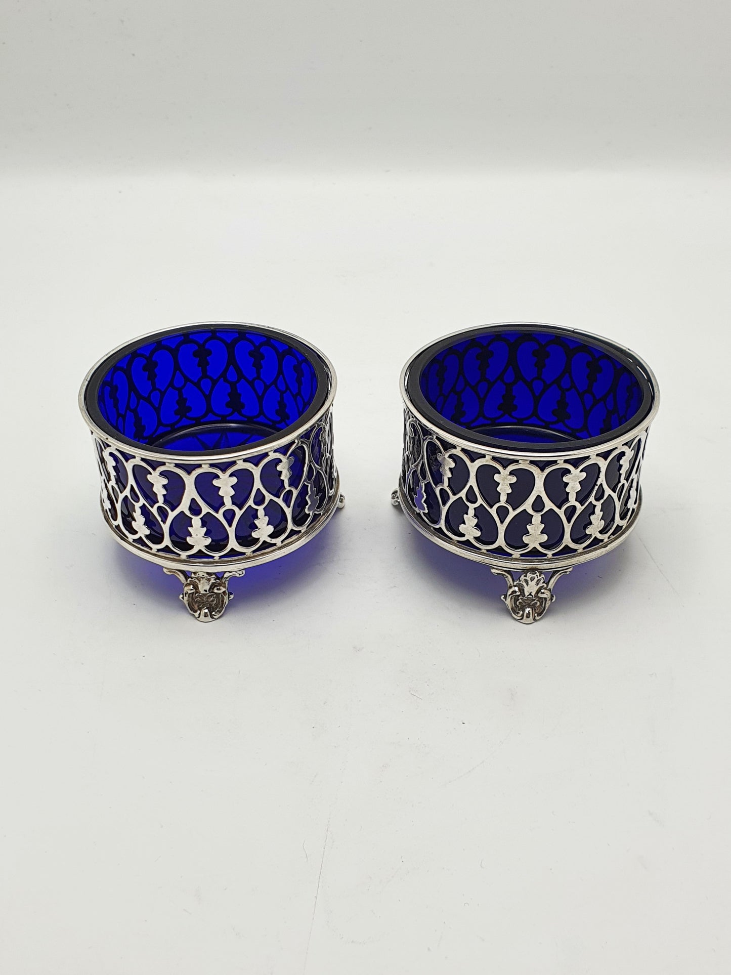 Pair of Antique Victorian Silver Salt Cellars with Cobalt Glass Liners - 1842