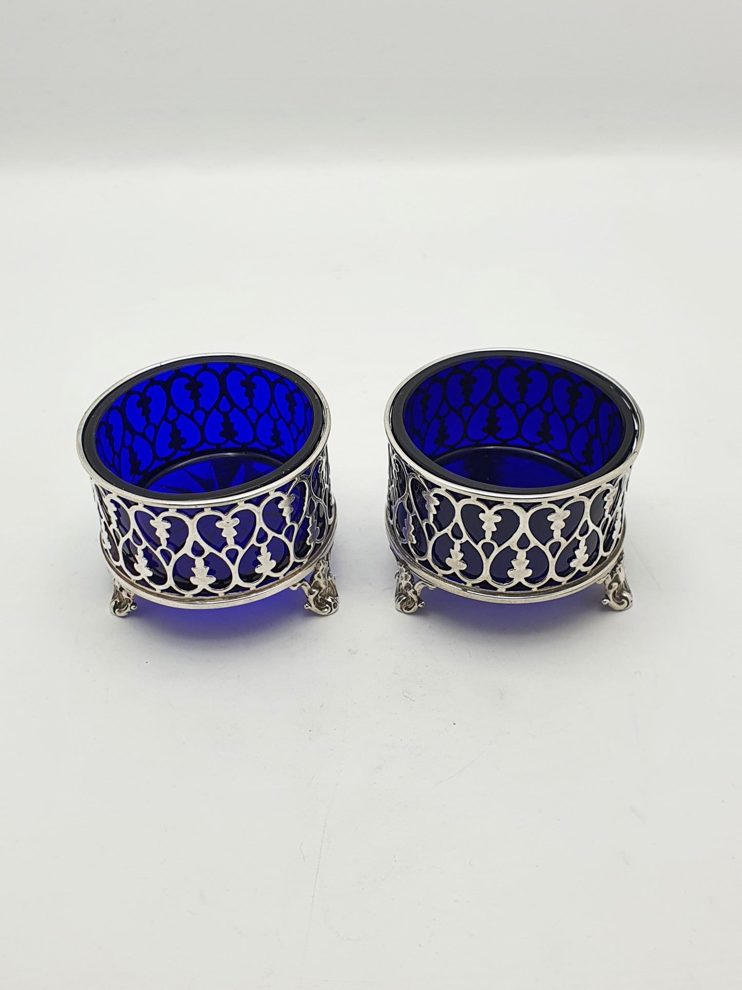 Pair of Antique Victorian Silver Salt Cellars with Cobalt Glass Liners - 1842