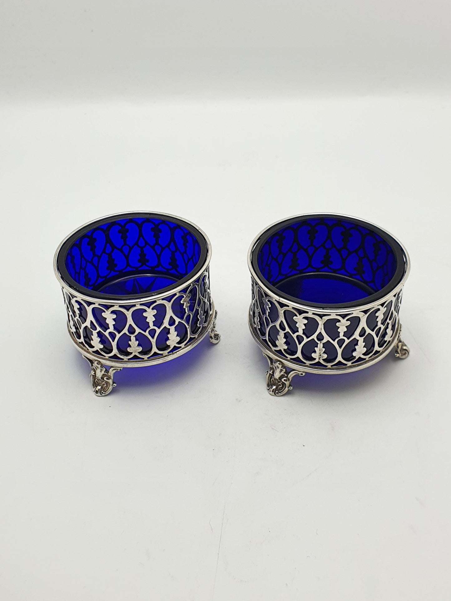 Pair of Antique Victorian Silver Salt Cellars with Cobalt Glass Liners - 1842