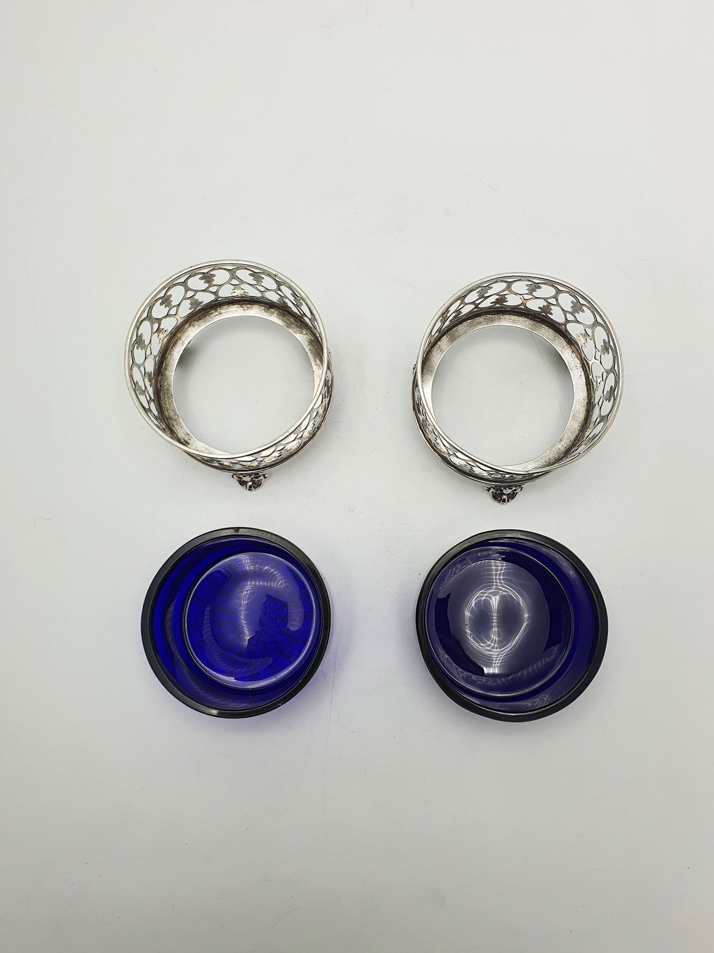 Pair of Antique Victorian Silver Salt Cellars with Cobalt Glass Liners - 1842