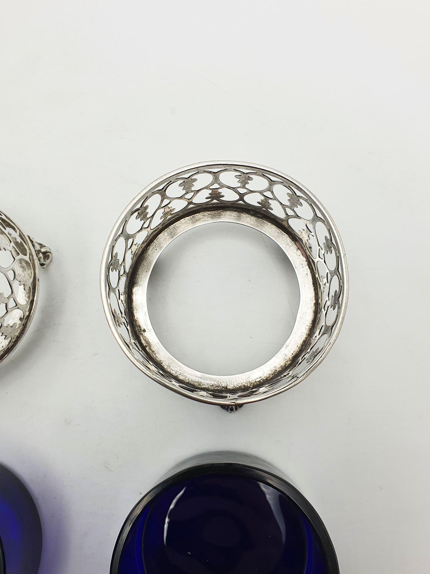 Pair of Antique Victorian Silver Salt Cellars with Cobalt Glass Liners - 1842