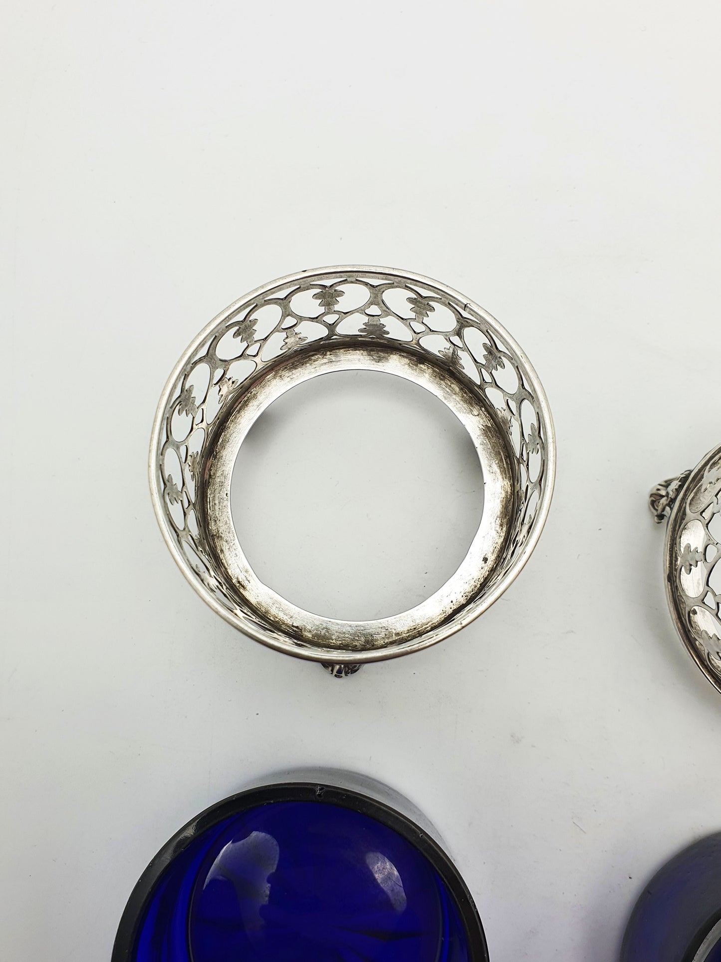 Pair of Antique Victorian Silver Salt Cellars with Cobalt Glass Liners - 1842