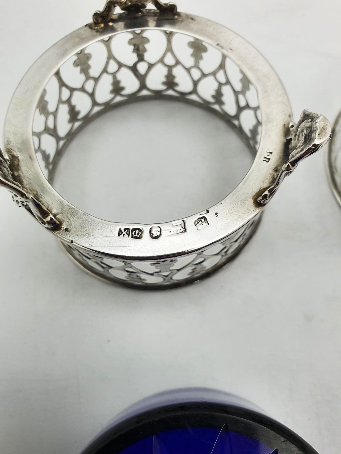 Pair of Antique Victorian Silver Salt Cellars with Cobalt Glass Liners - 1842