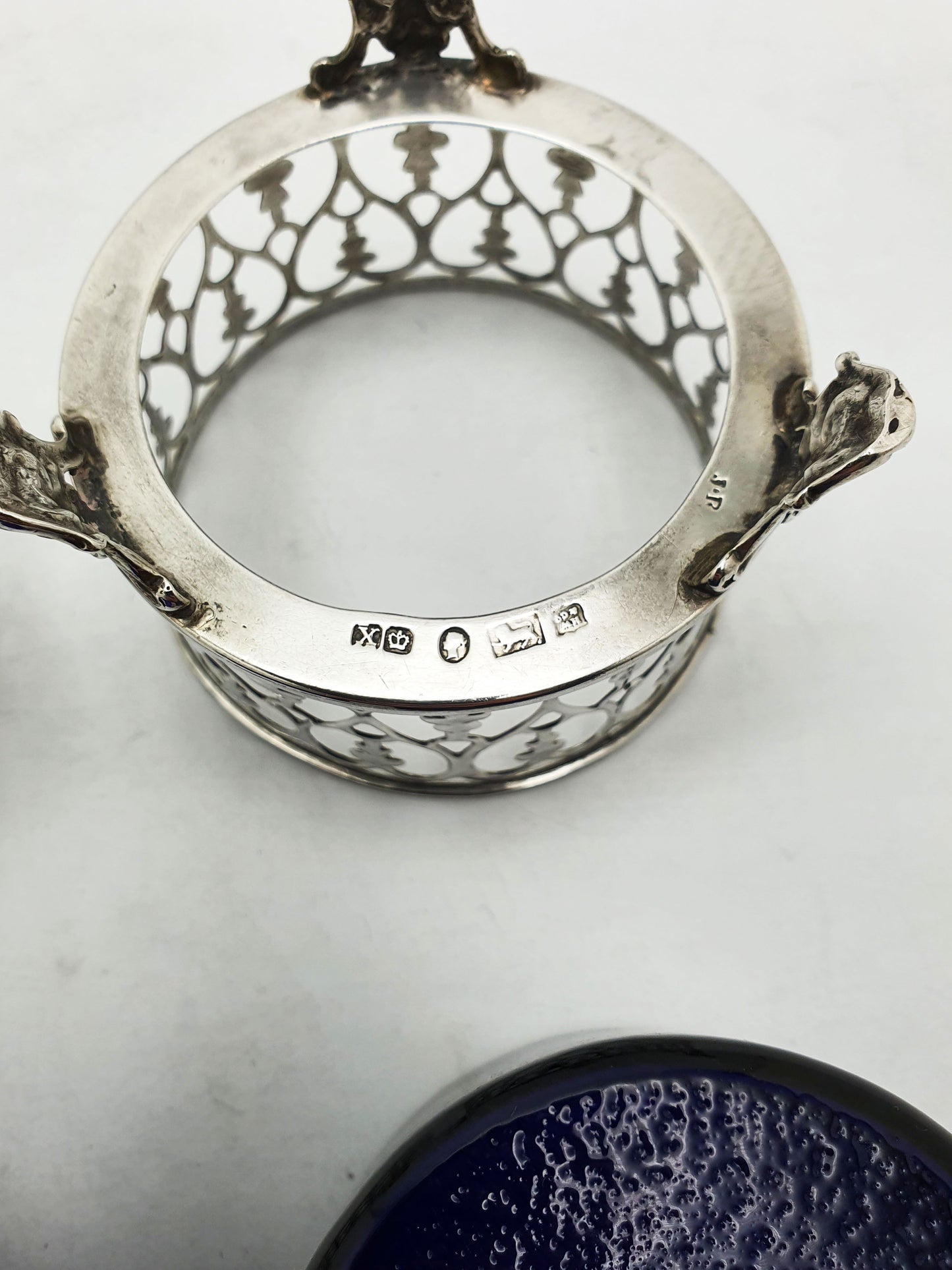 Pair of Antique Victorian Silver Salt Cellars with Cobalt Glass Liners - 1842