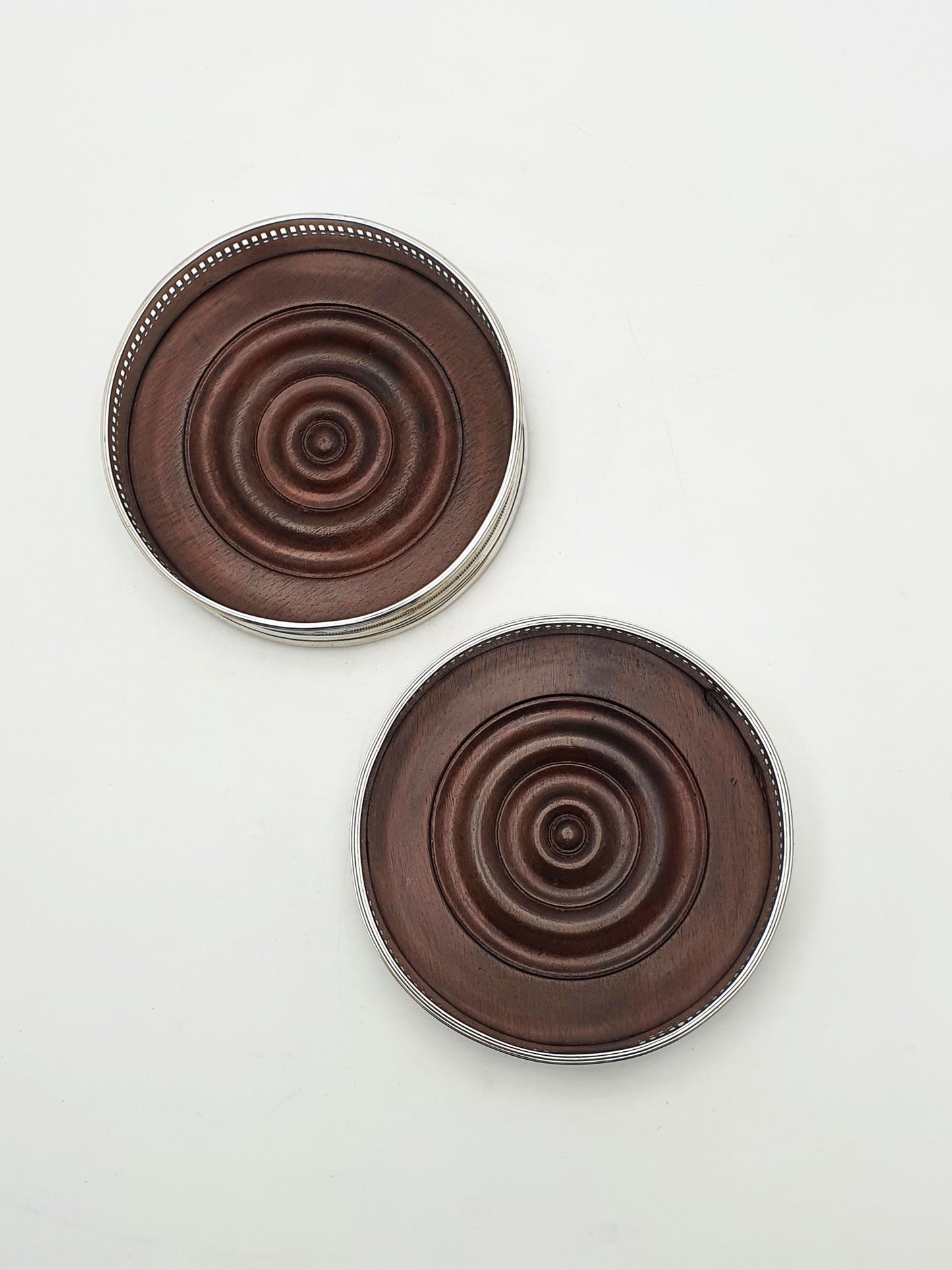 Pair of Antique Georgian Sterling Silver & Mahogany Wine Coasters – circa 1800