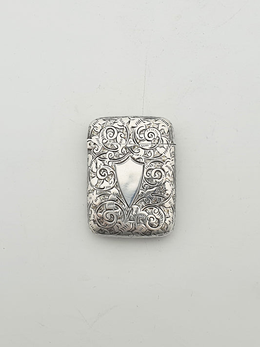 Antique Victorian Sterling Silver Vesta Case with Engraved Scrollwork - 1888