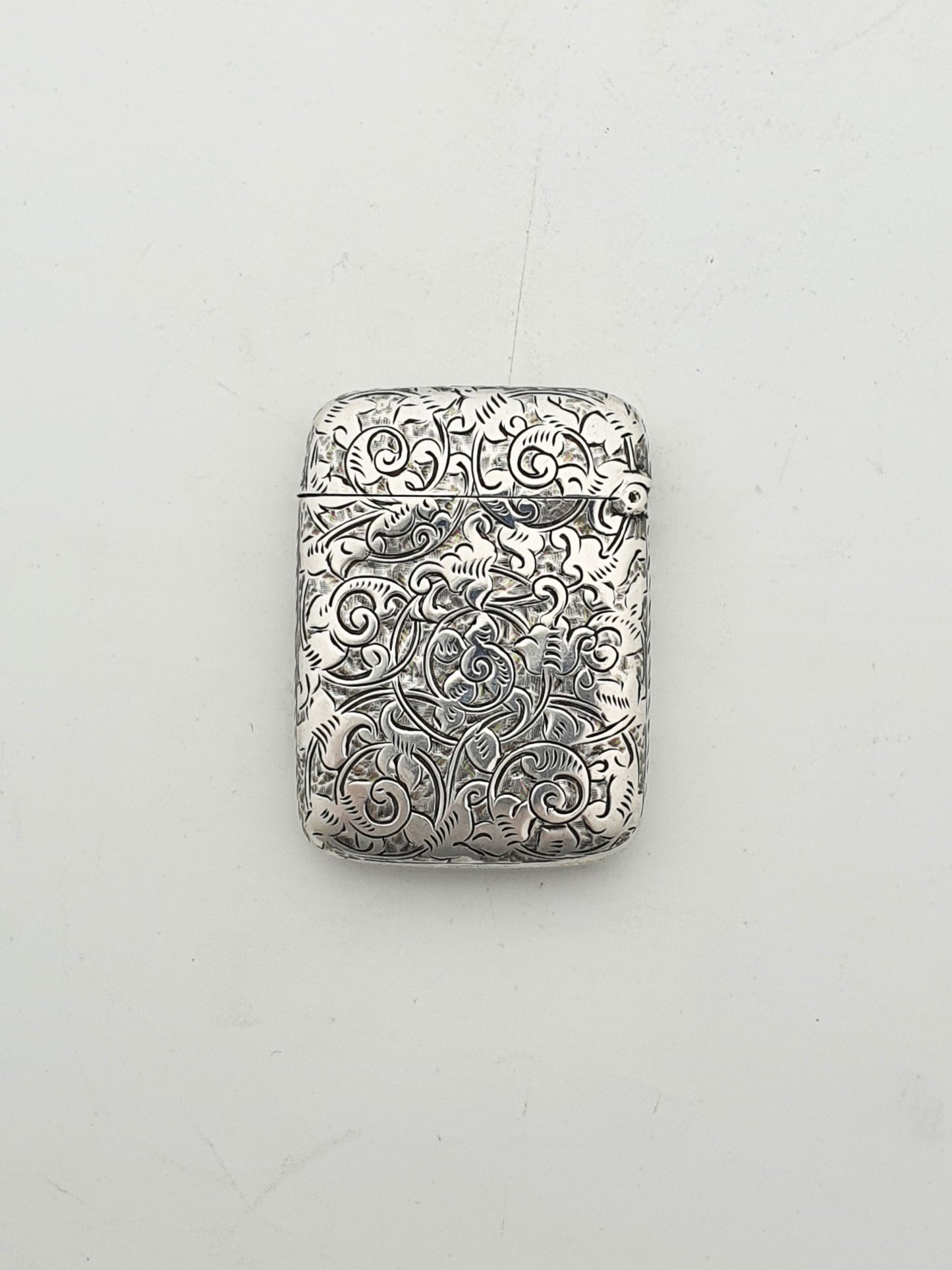 Antique Victorian Sterling Silver Vesta Case with Engraved Scrollwork - 1888