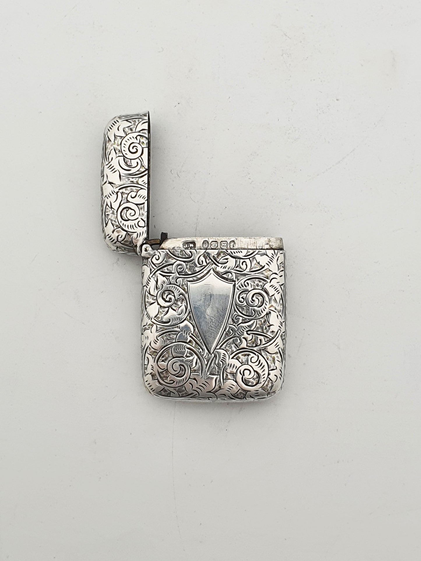 Antique Victorian Sterling Silver Vesta Case with Engraved Scrollwork - 1888
