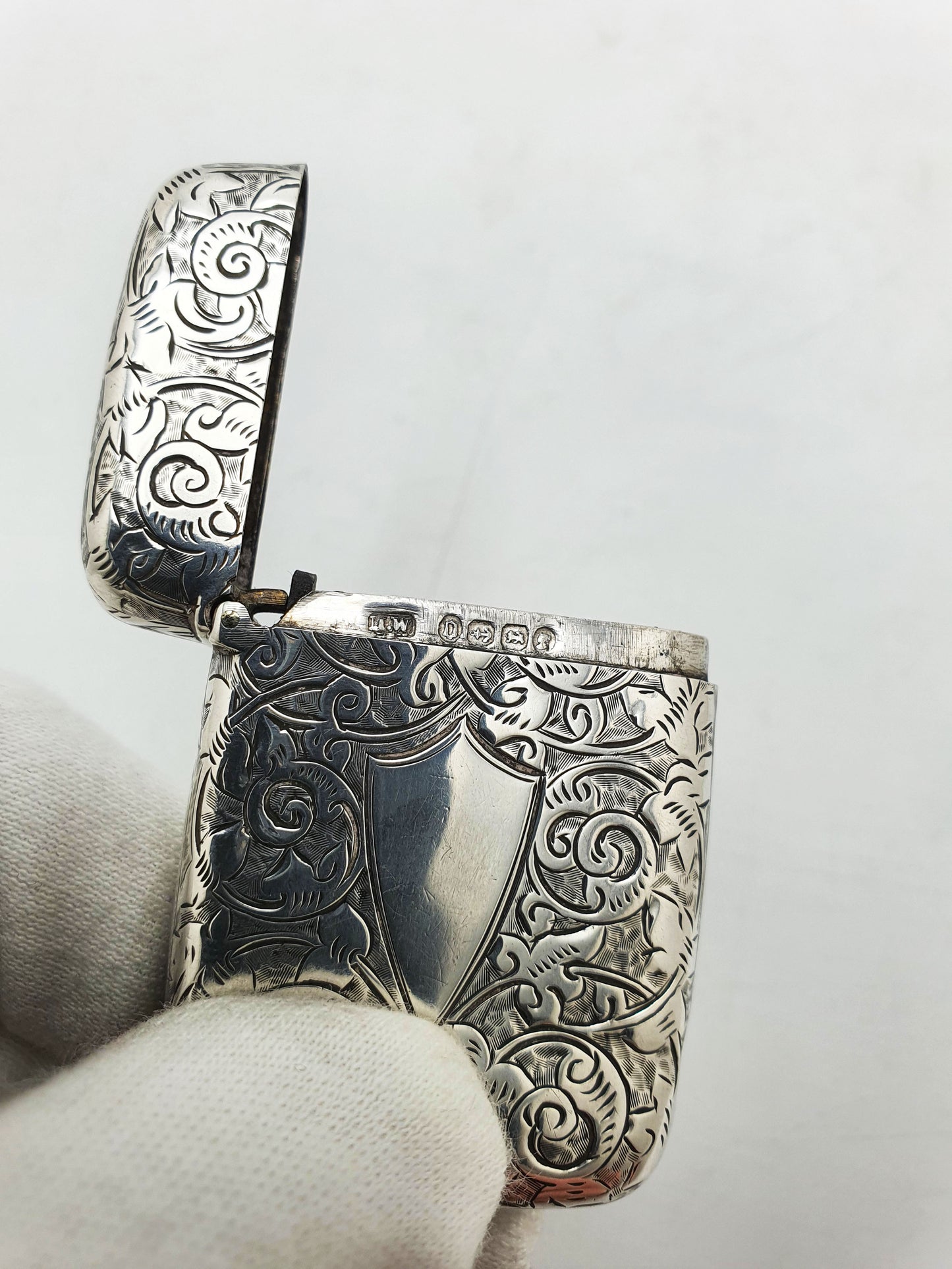 Antique Victorian Sterling Silver Vesta Case with Engraved Scrollwork - 1888