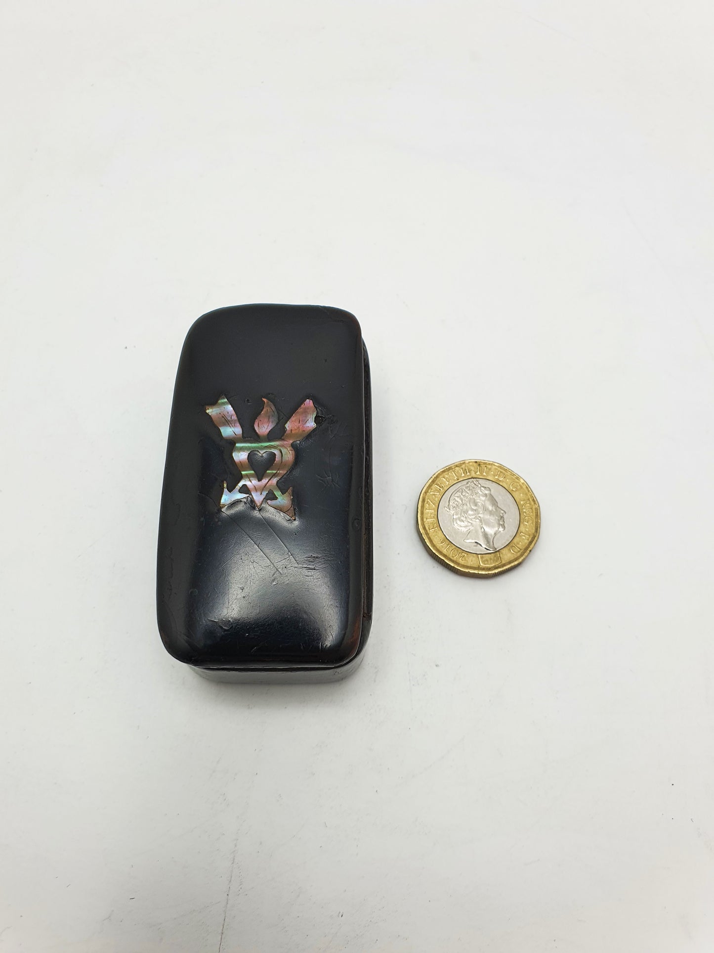 Papier-Mâché Snuff with Mother-of-Pearl Inlay of Heart & Torch Motif – circa 1880