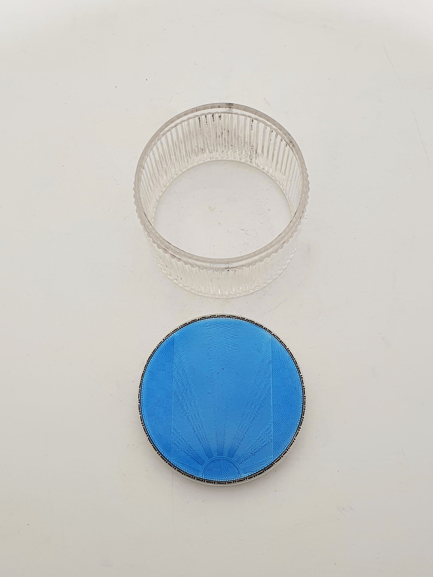 Stunning Art Deco Silver & Blue Guilloché Enamel Vanity Jar - 1932