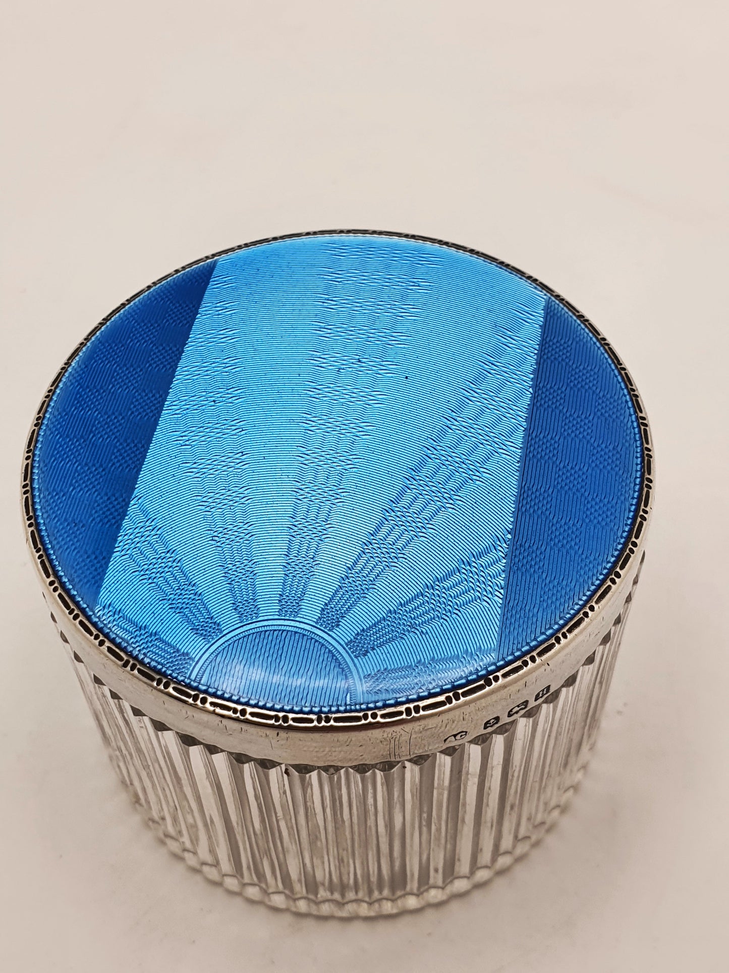 Stunning Art Deco Silver & Blue Guilloché Enamel Vanity Jar - 1932