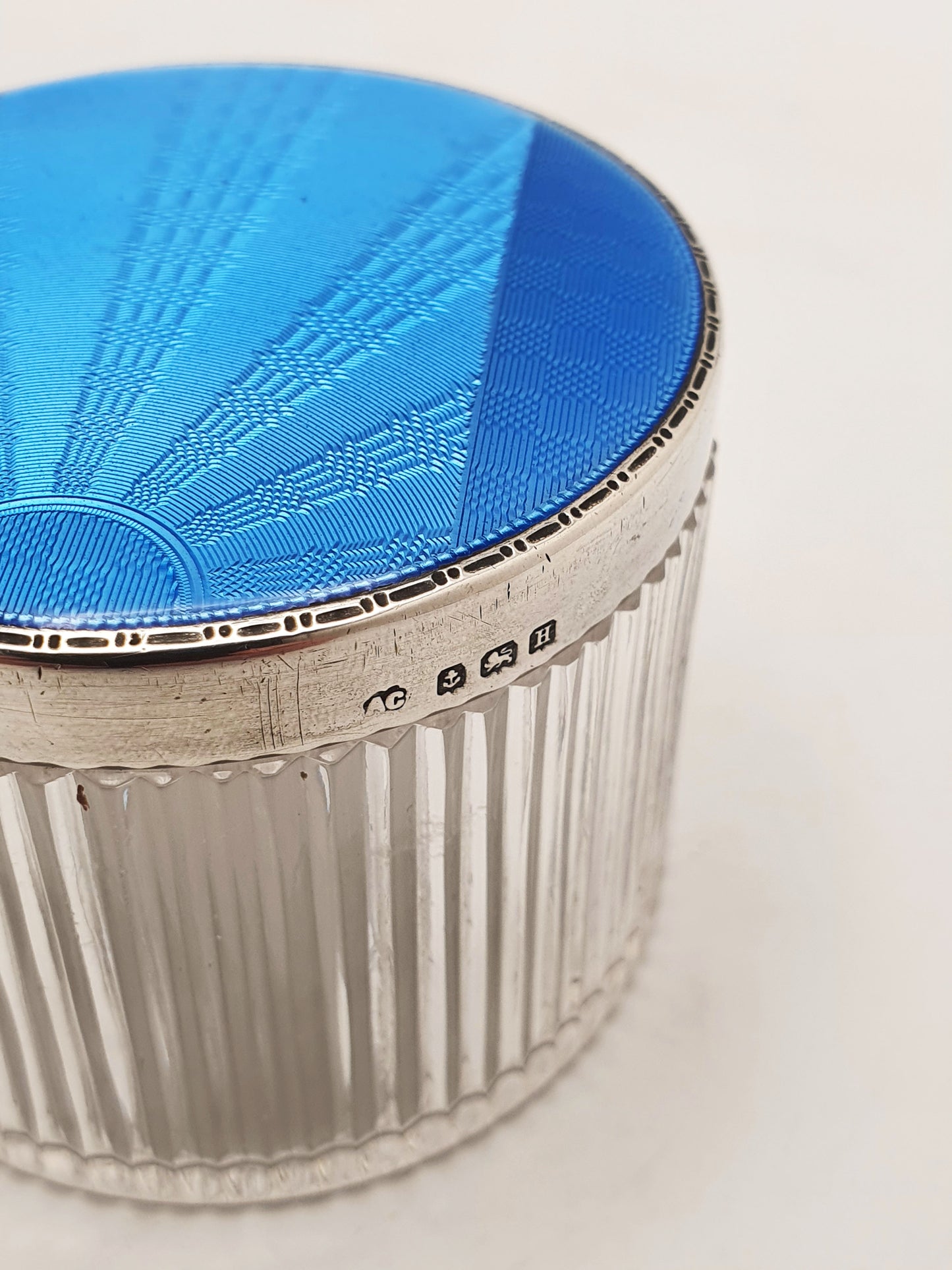 Stunning Art Deco Silver & Blue Guilloché Enamel Vanity Jar - 1932