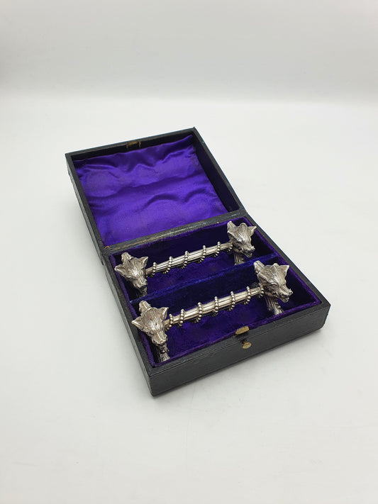 Stunning Pair of Antique Victorian Sterling Silver Boar’s Head Knife Rests - 1867