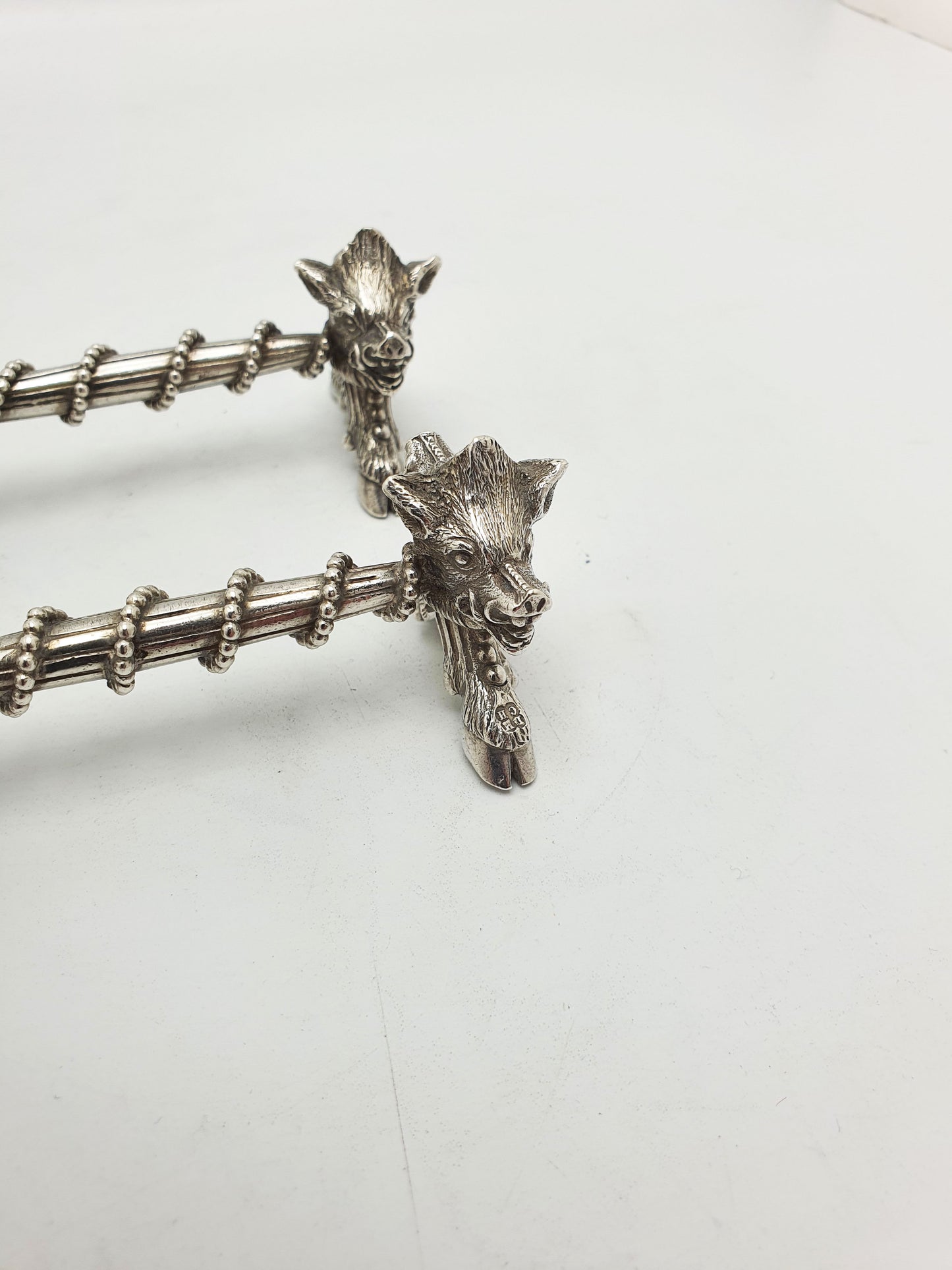 Stunning Pair of Antique Victorian Sterling Silver Boar’s Head Knife Rests - 1867