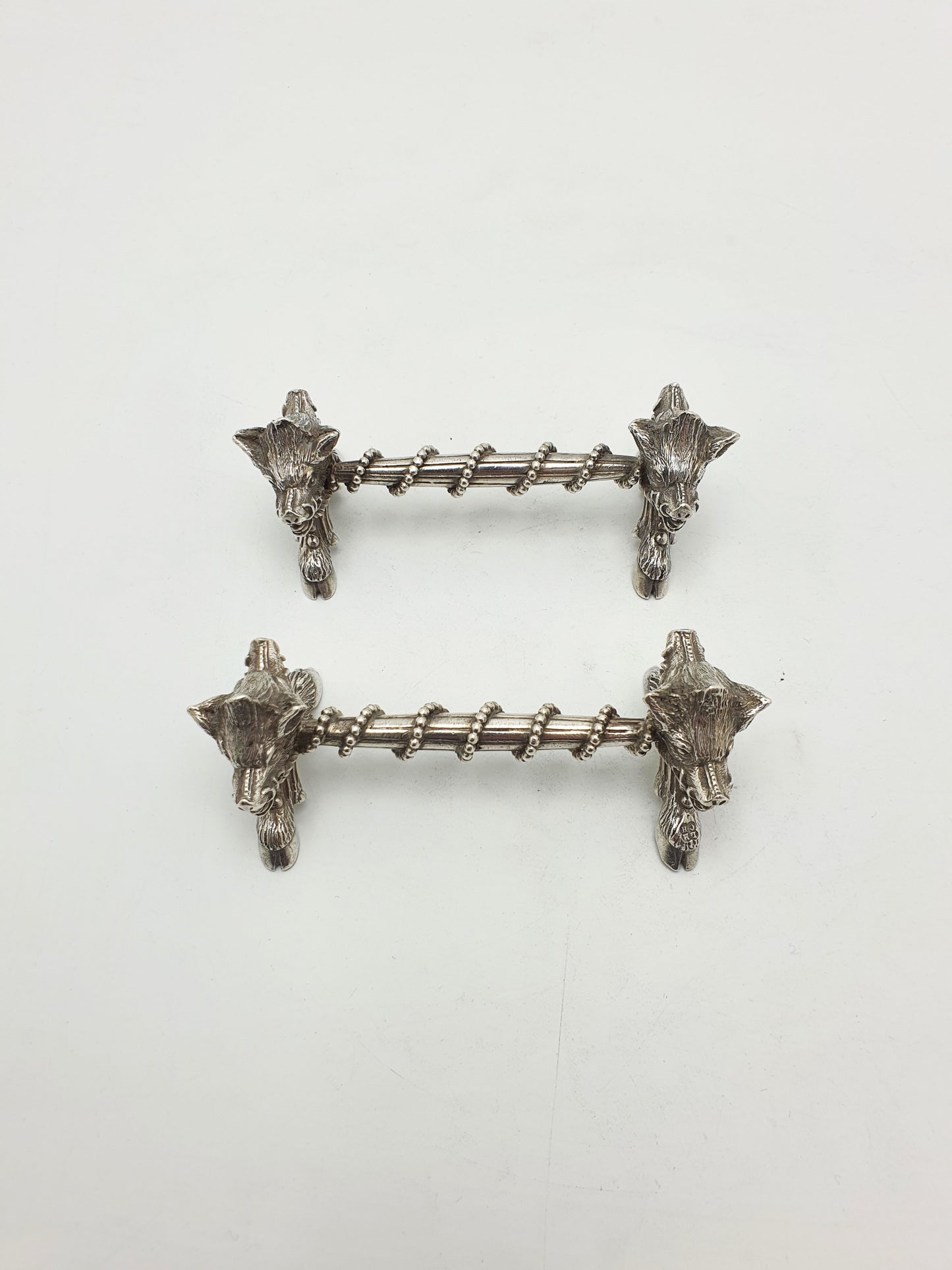 Stunning Pair of Antique Victorian Sterling Silver Boar’s Head Knife Rests - 1867