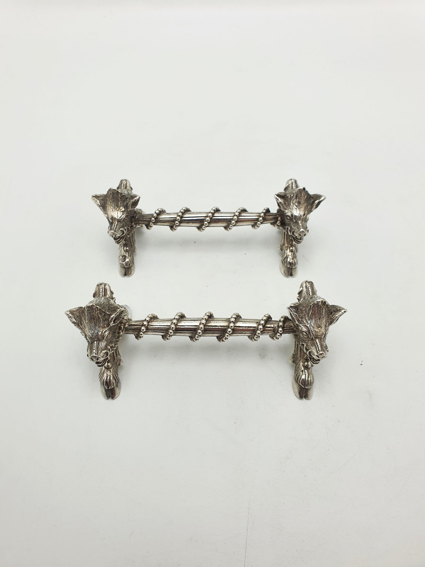 Stunning Pair of Antique Victorian Sterling Silver Boar’s Head Knife Rests - 1867