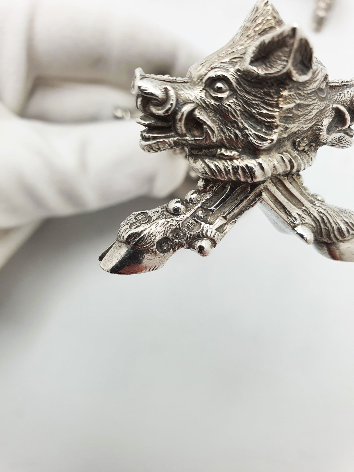 Stunning Pair of Antique Victorian Sterling Silver Boar’s Head Knife Rests - 1867