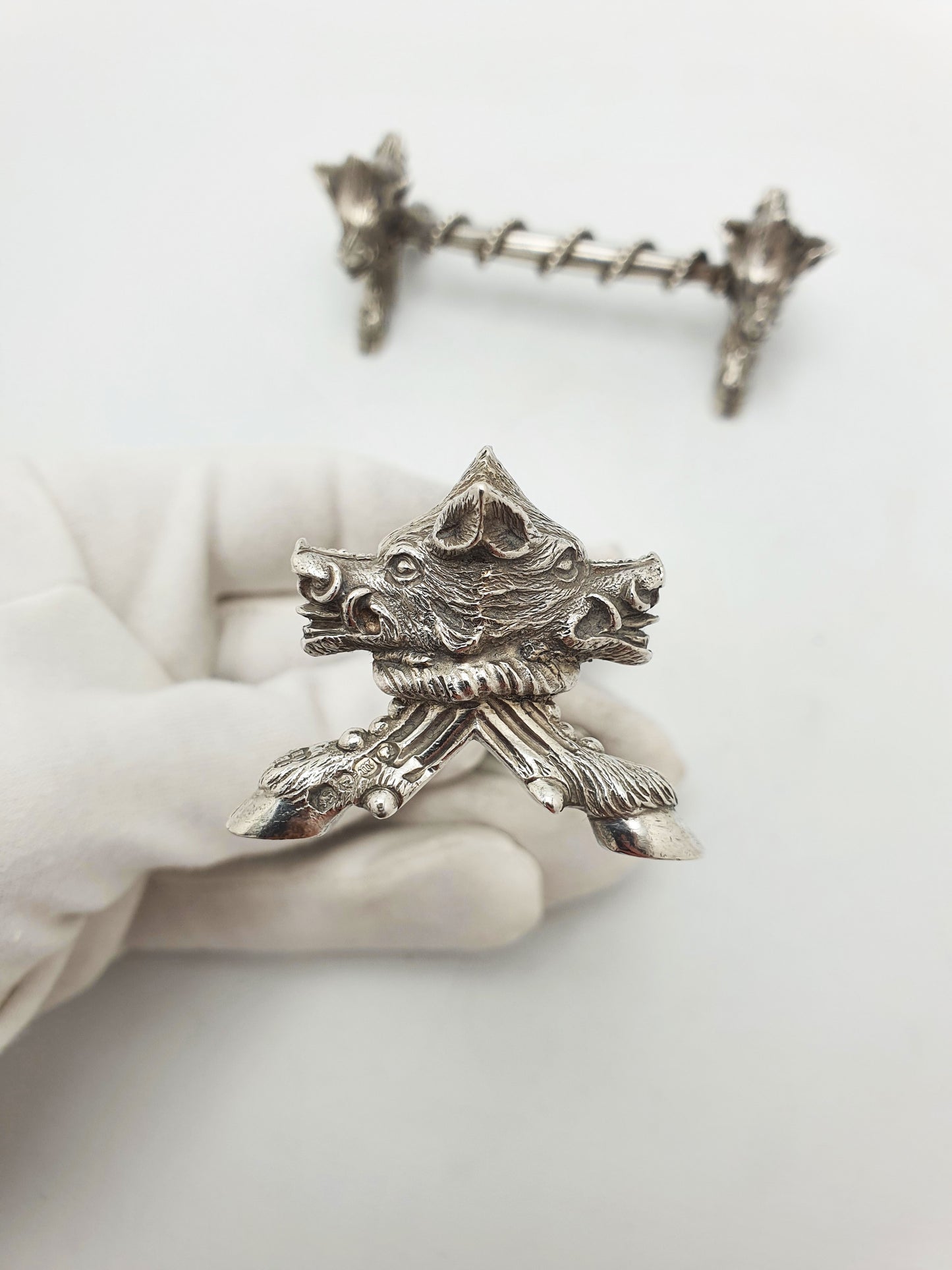 Stunning Pair of Antique Victorian Sterling Silver Boar’s Head Knife Rests - 1867