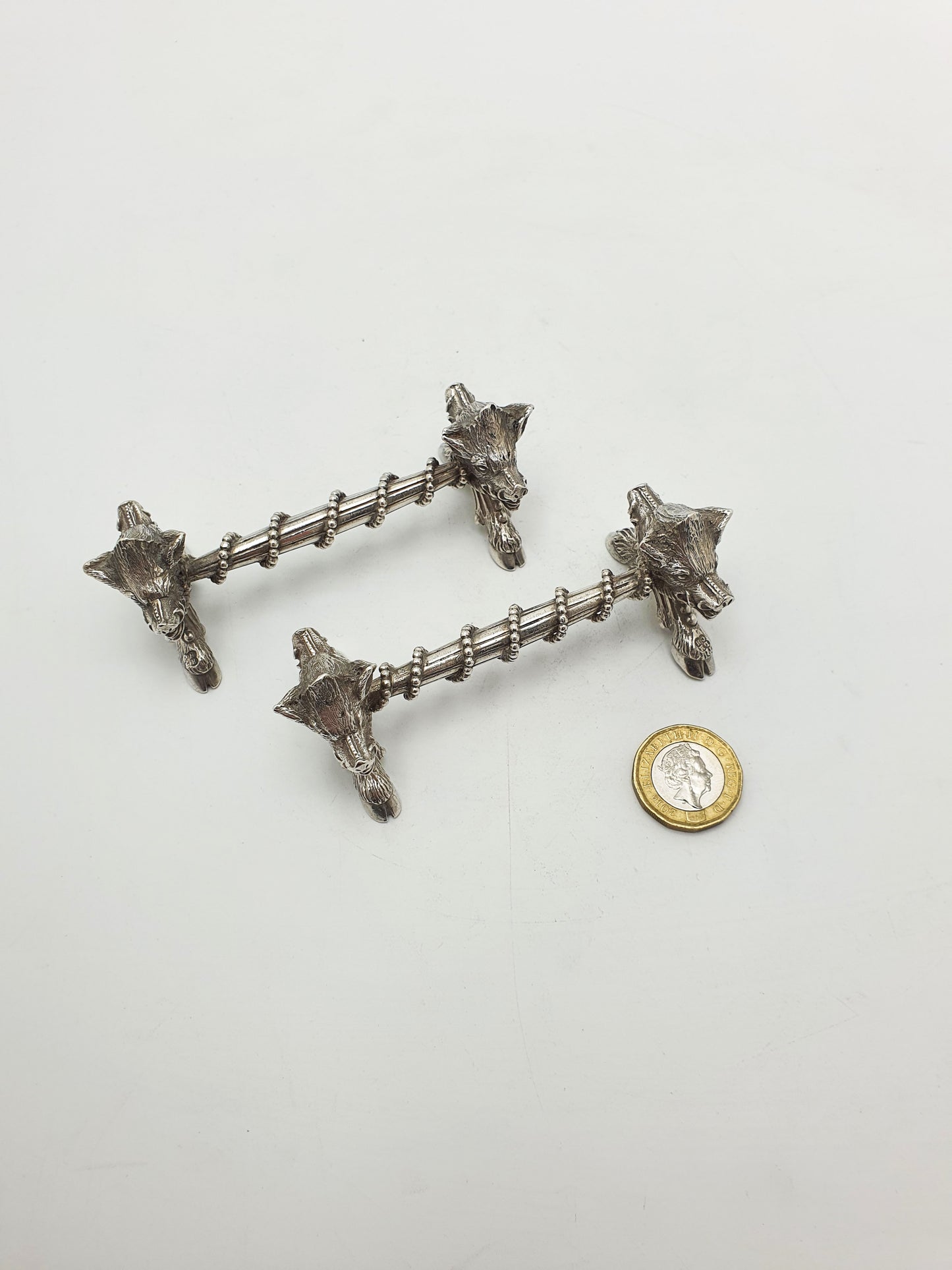 Stunning Pair of Antique Victorian Sterling Silver Boar’s Head Knife Rests - 1867