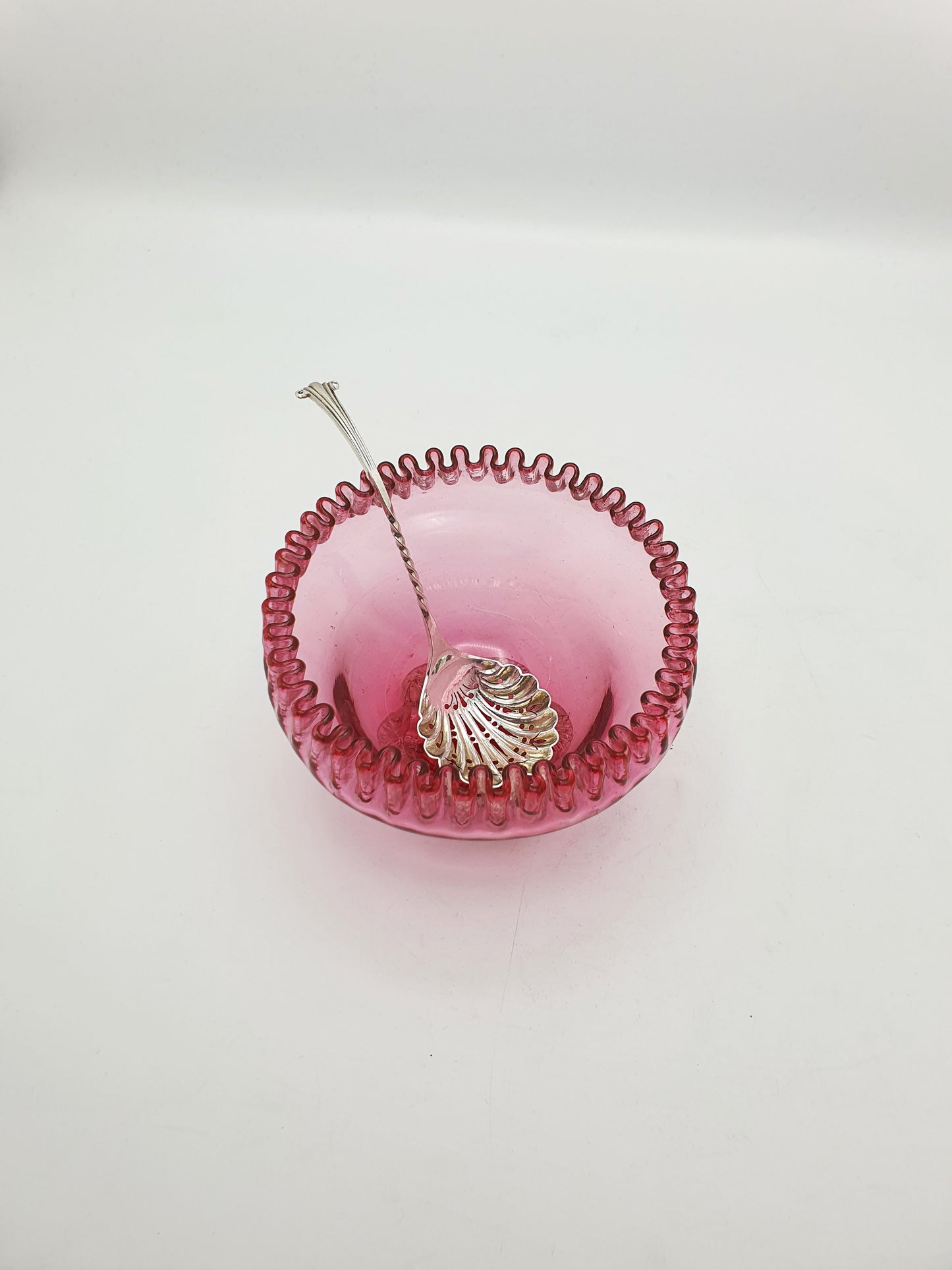 Lovely Antique Victorian Cranberry Glass Bowl with Pierced Spoon – circa 1890