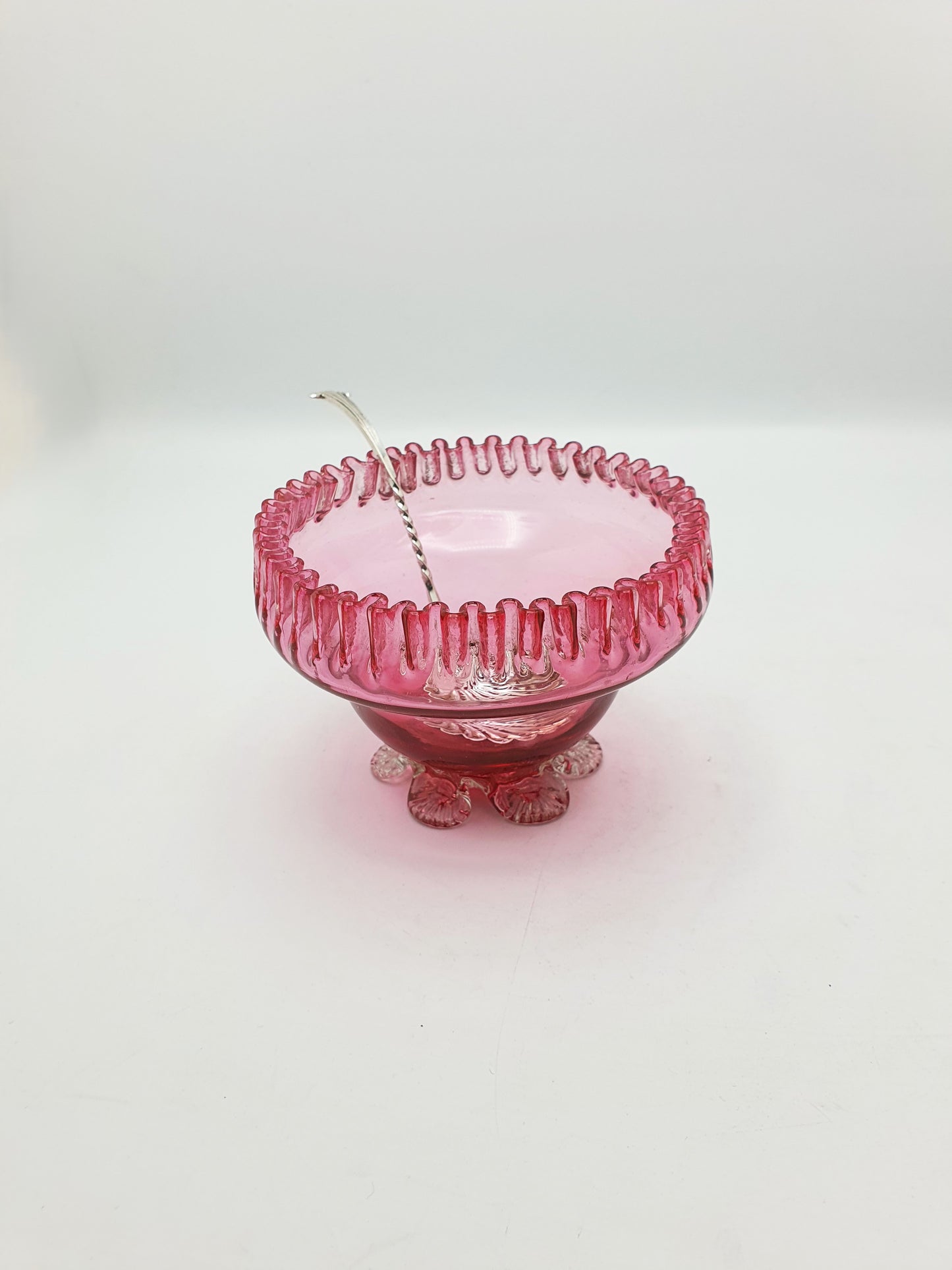 Lovely Antique Victorian Cranberry Glass Bowl with Pierced Spoon – circa 1890