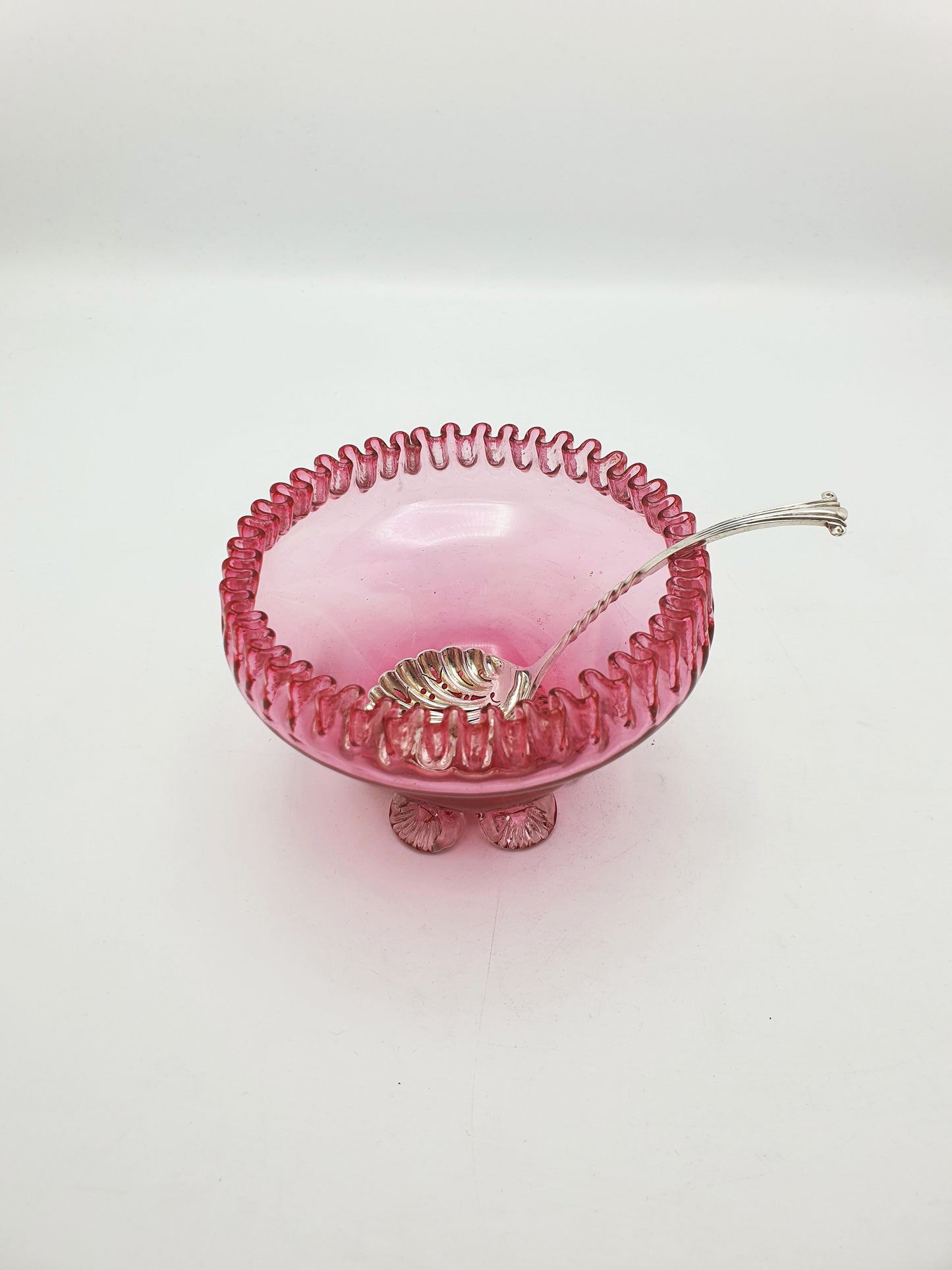 Lovely Antique Victorian Cranberry Glass Bowl with Pierced Spoon – circa 1890