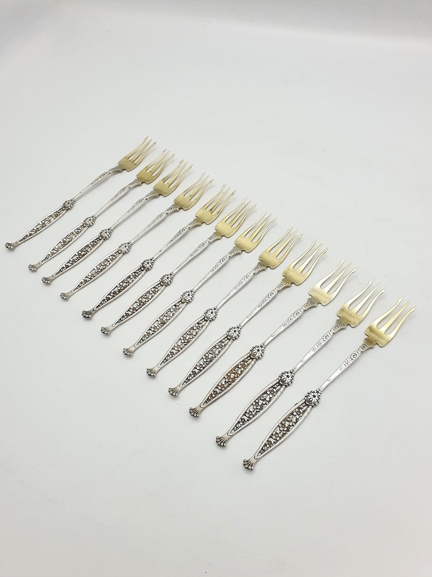 Set of 12 American Sterling Silver Seafood Forks with Gilt Tines – circa 1900
