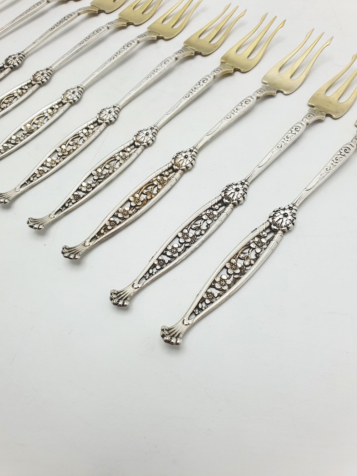 Set of 12 American Sterling Silver Seafood Forks with Gilt Tines – circa 1900