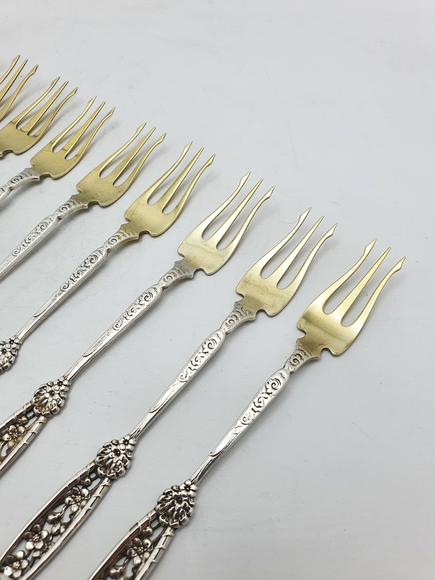 Set of 12 American Sterling Silver Seafood Forks with Gilt Tines – circa 1900