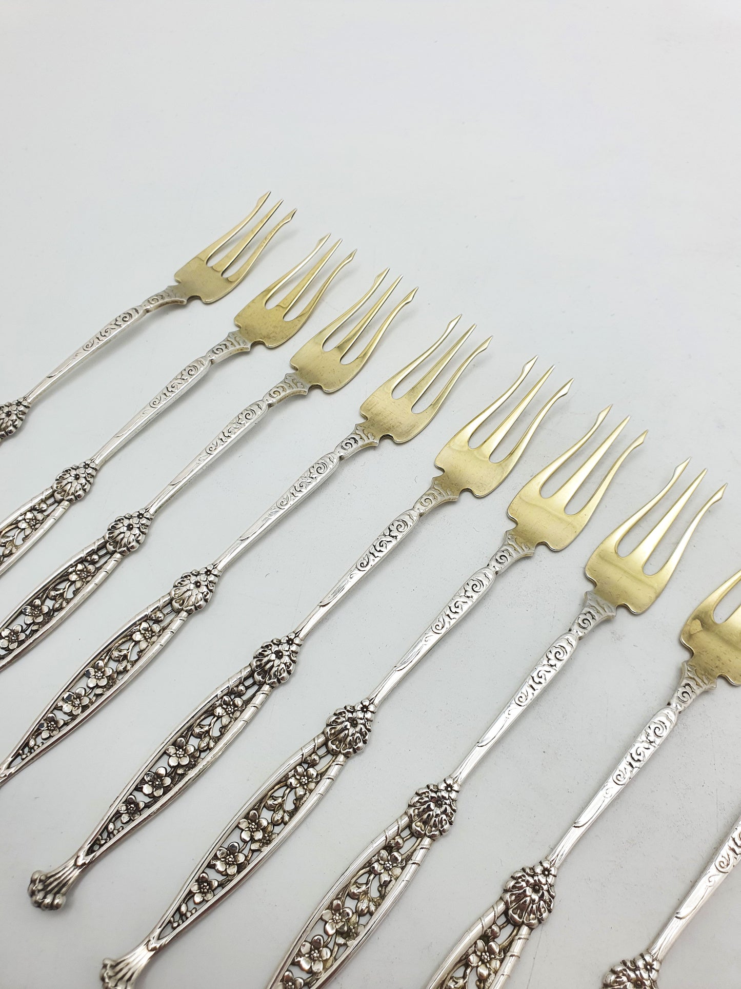 Set of 12 American Sterling Silver Seafood Forks with Gilt Tines – circa 1900