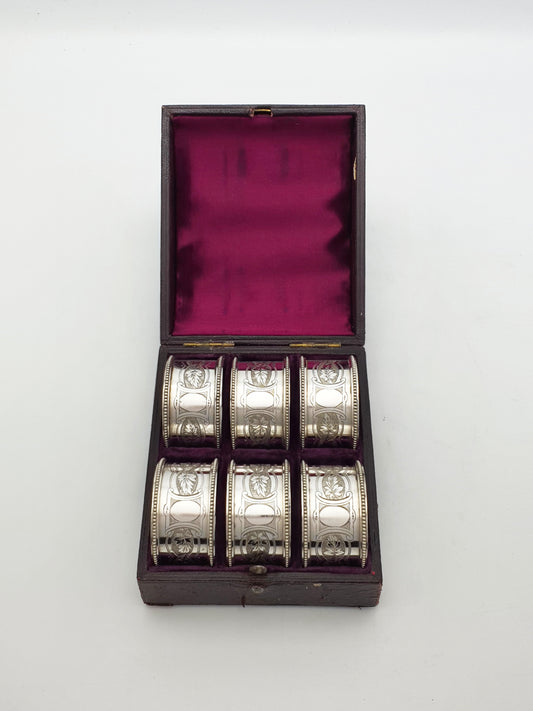 Victorian Silver-Plated Napkin Rings – Set of 6 in Original Velvet-Lined Case – circa 1890