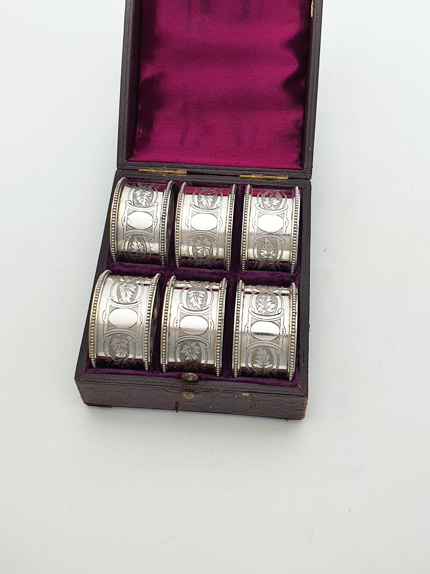 Victorian Silver-Plated Napkin Rings – Set of 6 in Original Velvet-Lined Case – circa 1890