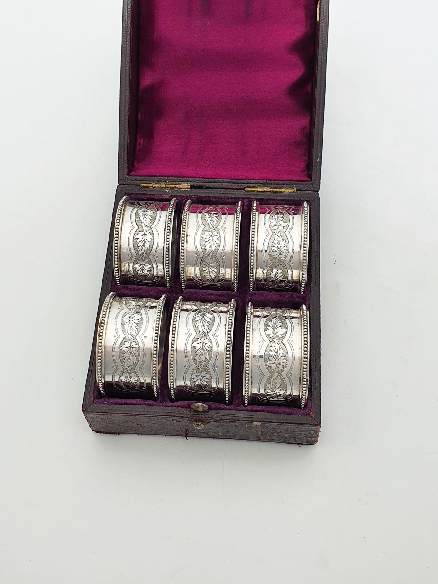 Victorian Silver-Plated Napkin Rings – Set of 6 in Original Velvet-Lined Case – circa 1890