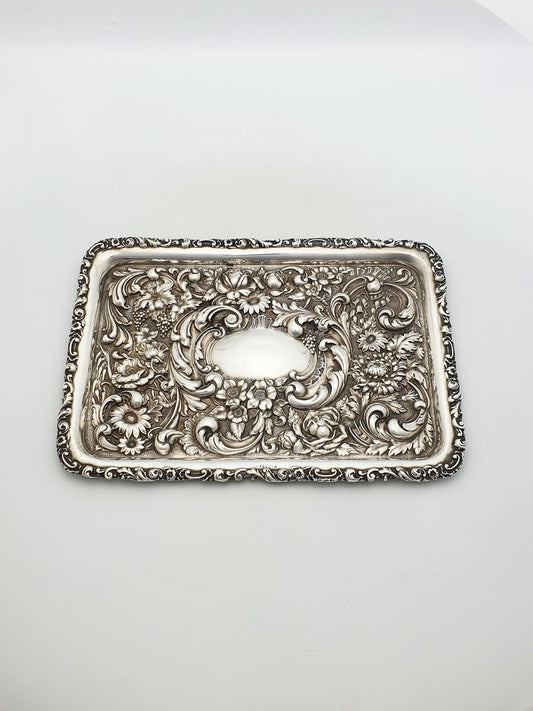 Gorgeous Antique Edwardian Sterling Silver Tray - Rococo Floral Repoussé - 1906