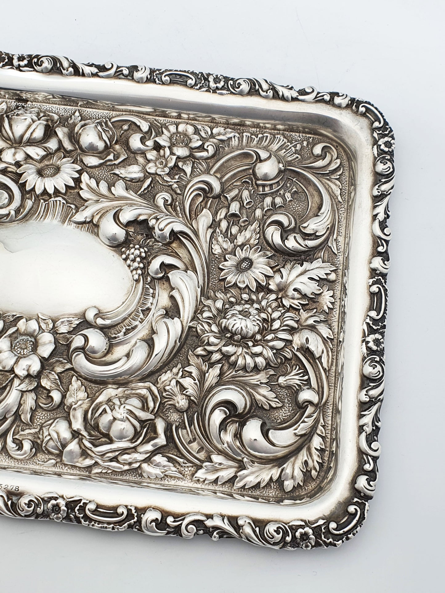 Gorgeous Antique Edwardian Sterling Silver Tray - Rococo Floral Repoussé - 1906
