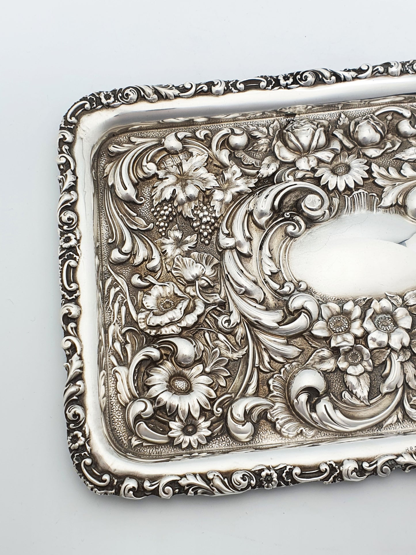 Gorgeous Antique Edwardian Sterling Silver Tray - Rococo Floral Repoussé - 1906