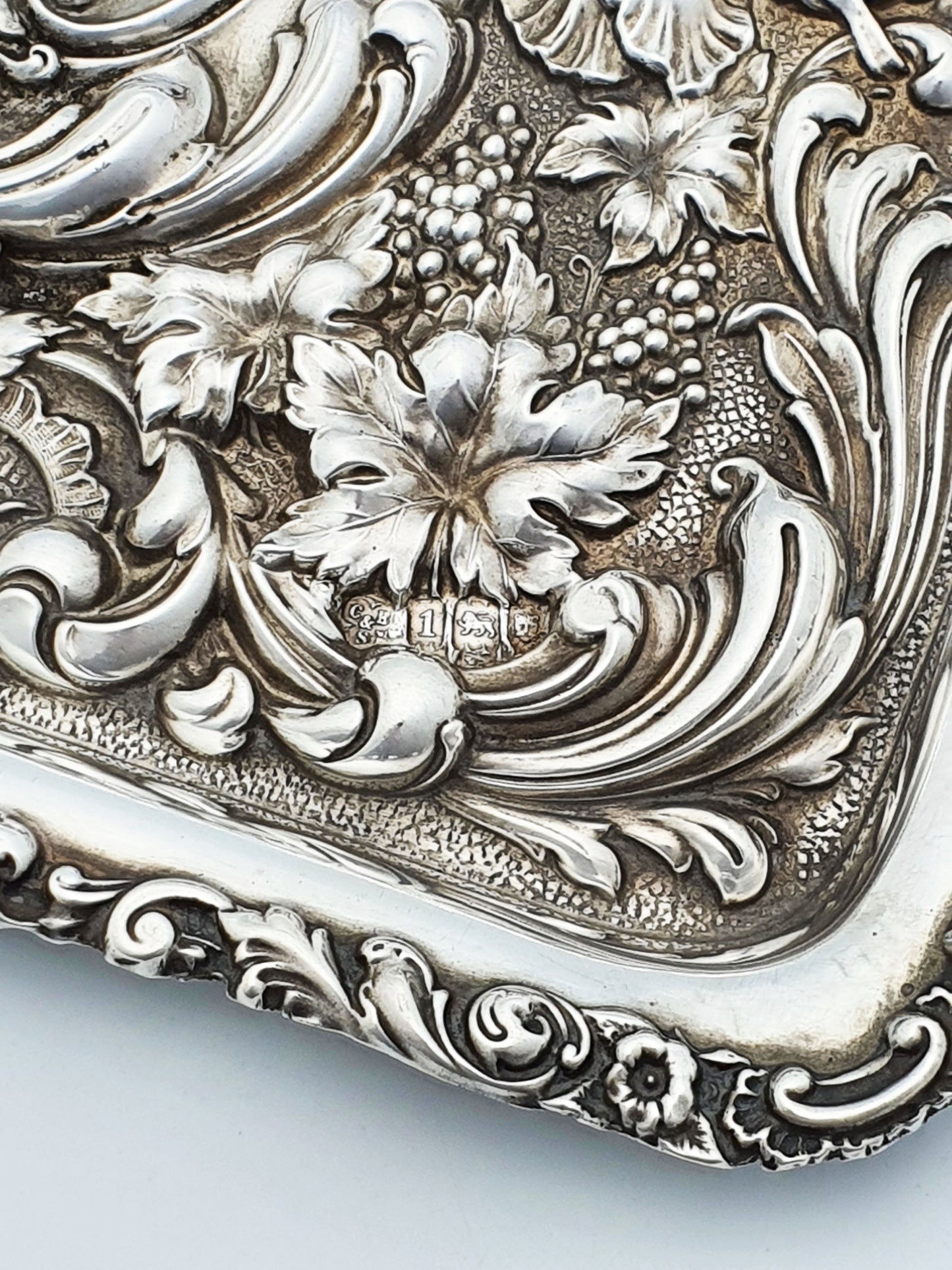 Gorgeous Antique Edwardian Sterling Silver Tray - Rococo Floral Repoussé - 1906